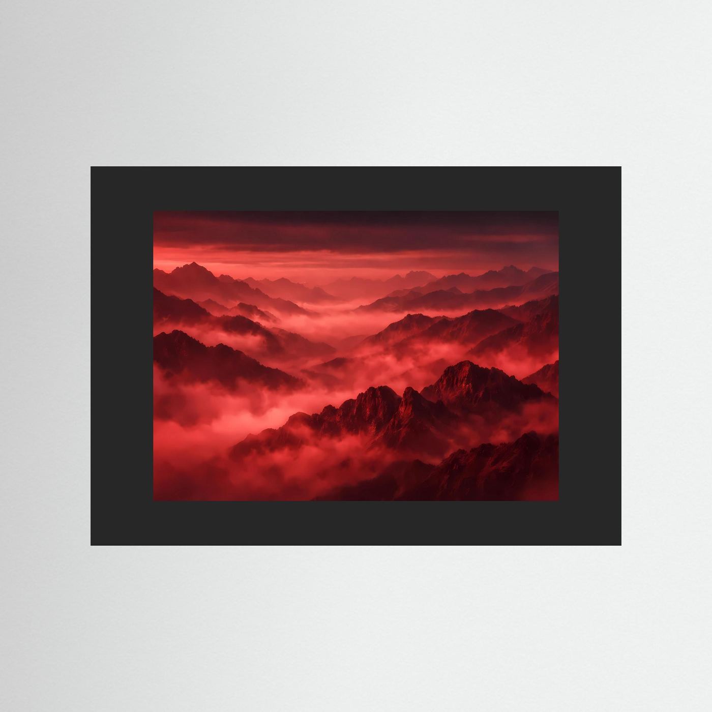 Wandbild mit rotem Nebel über Berggipfeln im schwarzen Rahmen