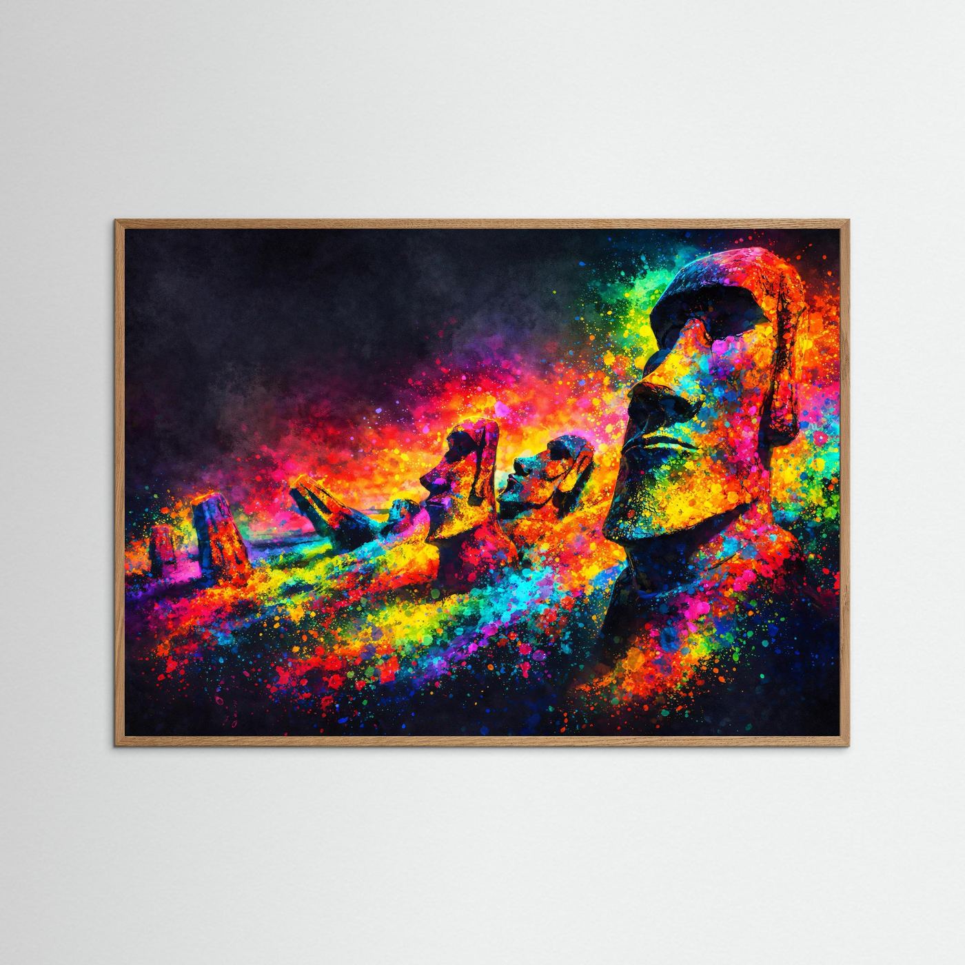 Farbenprächtige Moai Statuen Reihe | Neon Pop Art & Osterinsel Wandbild Querformat