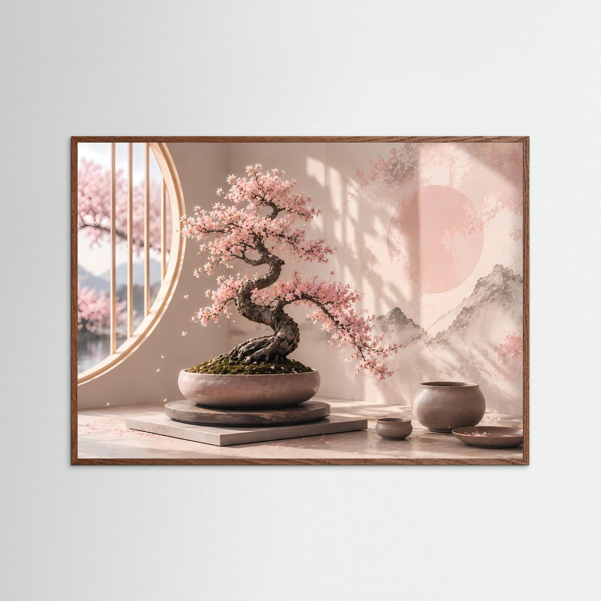 Poster im Querformat mit Bonsai und Kirschblüten in Pastellrosa, dunkler Eichenrahmen