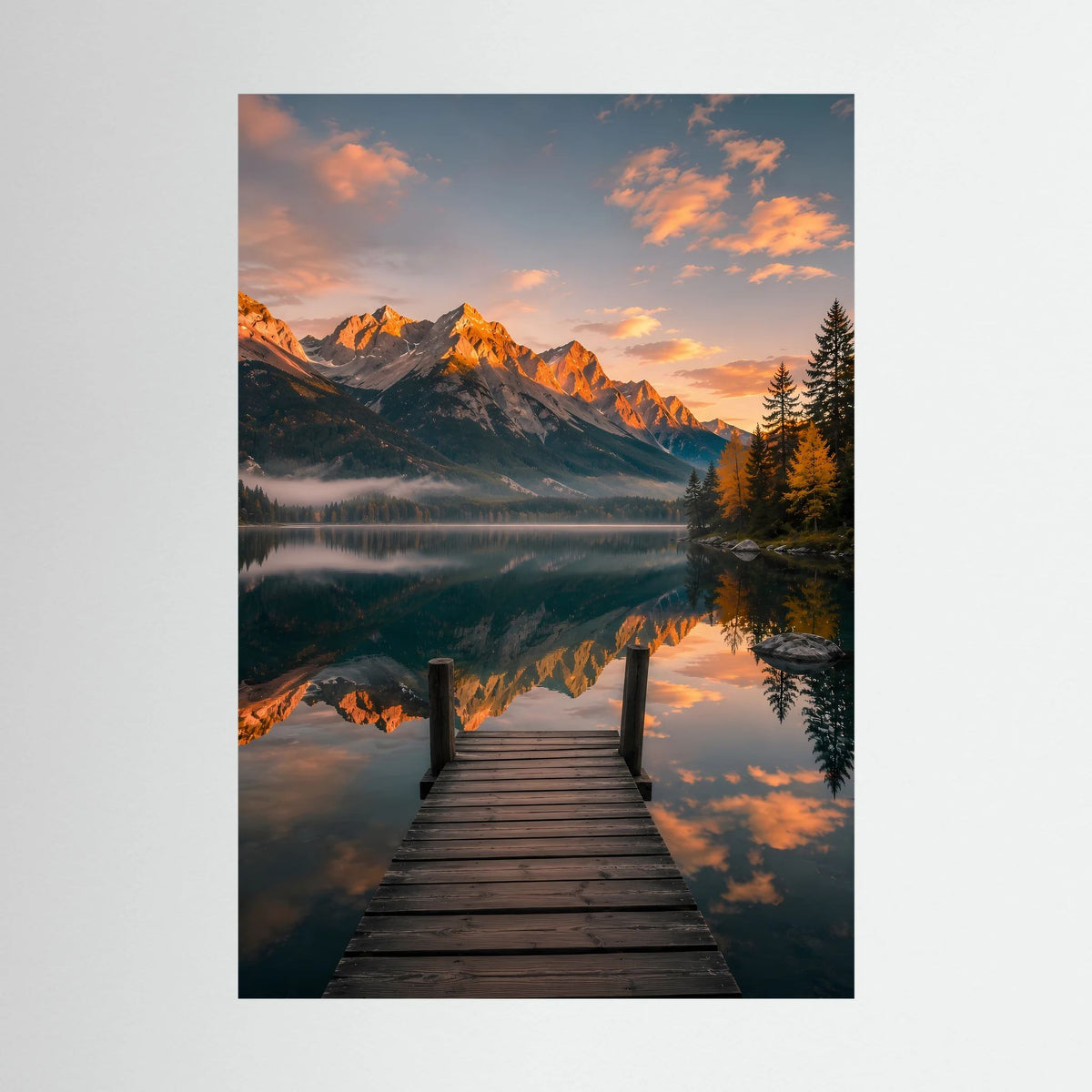 Hochformatiges Kunstposter: Steg am Bergsee im Abendlicht mit Spiegelung