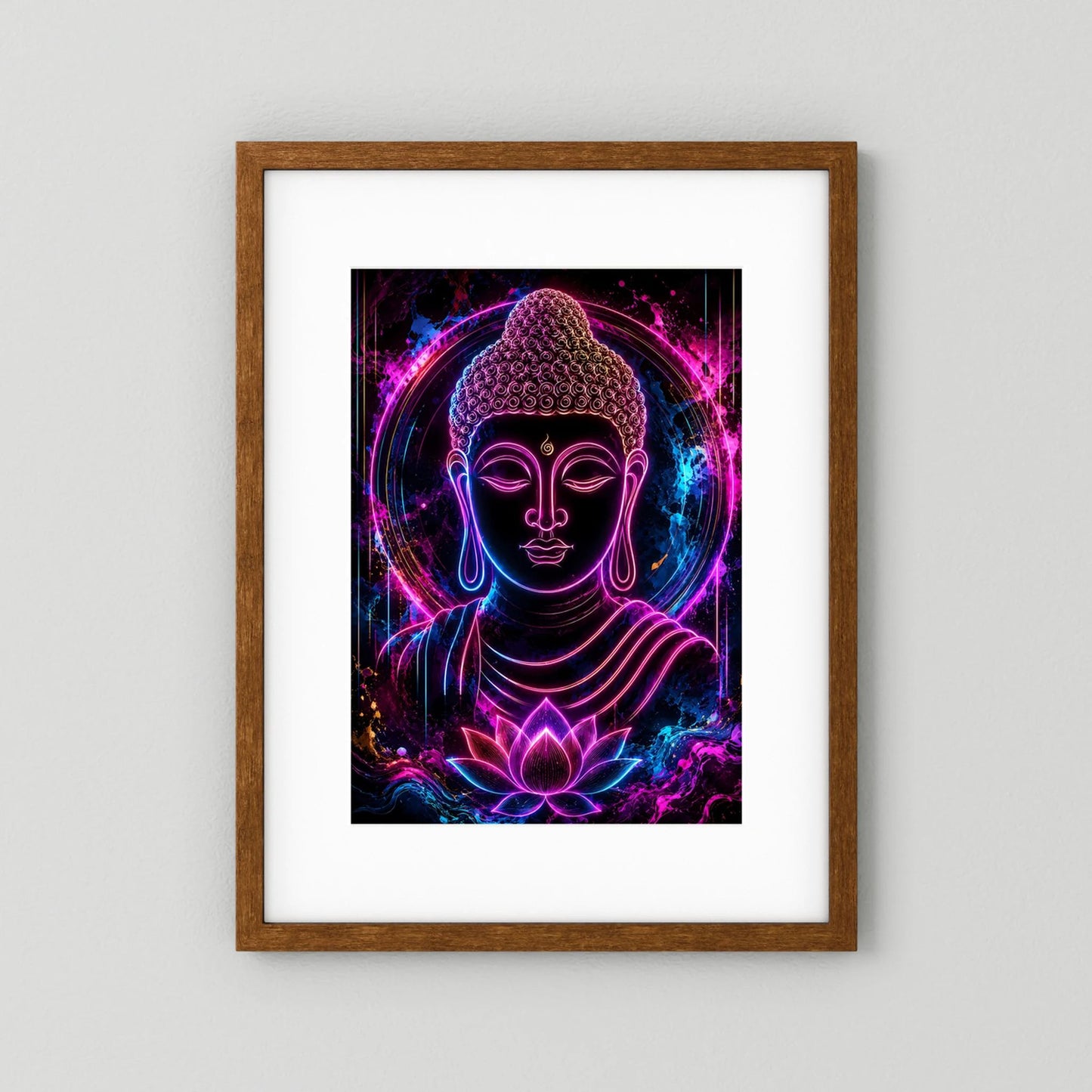 Neon-Buddha-Kunstwerk im braunen Holzrahmen, Buddha und Lotus in Neon Pink-Blau