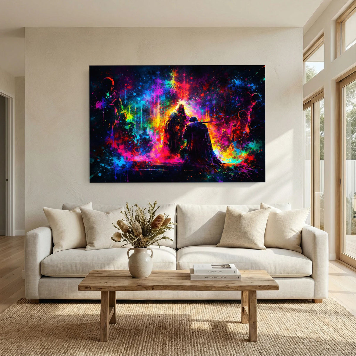 Wandbild mit schwarzem Rahmen, Königssilhouette vor leuchtendem Farbnebel, Querformat