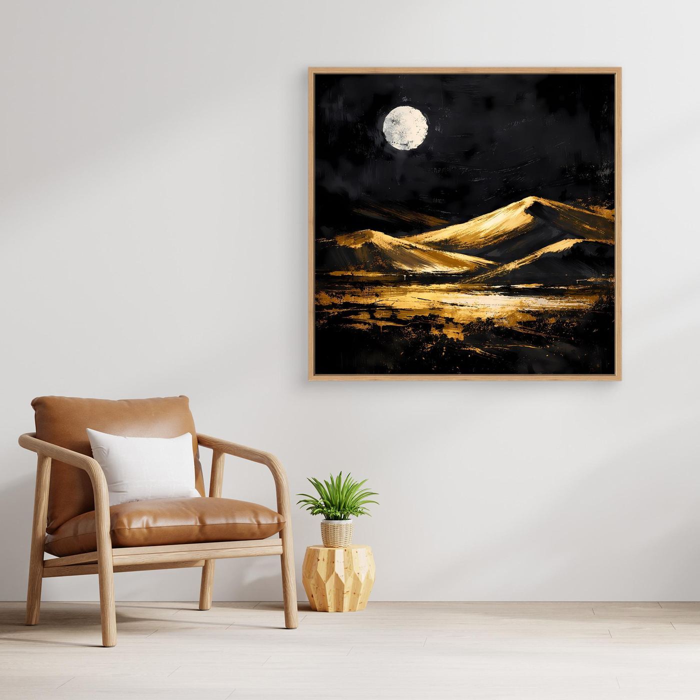 Leinwand Goldene Wüstendünen bei Vollmond | Modernes Abstraktes Landschafts Wandbild
