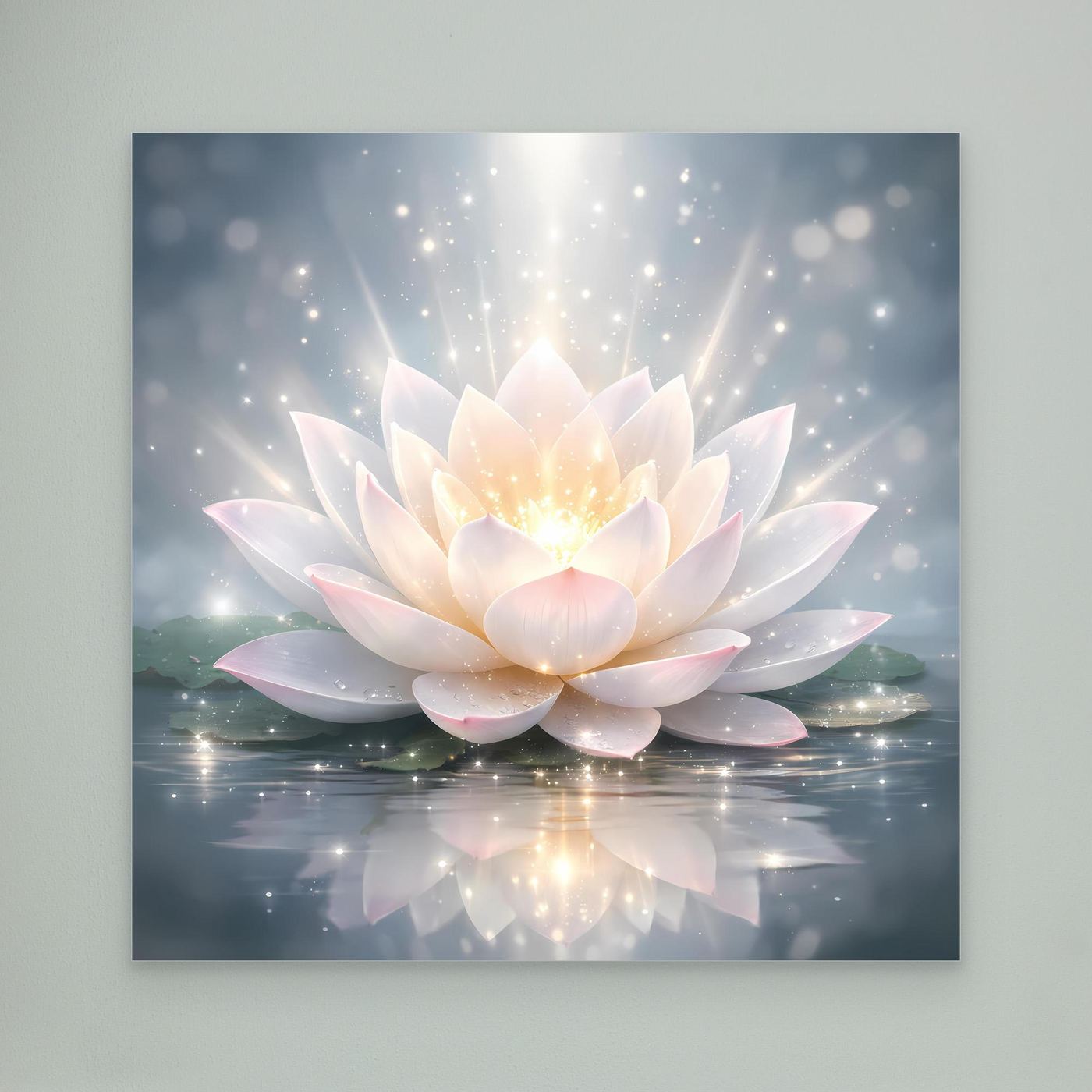 Leinwandbild mit leuchtender Lotusblüte, große helle Blüten, spiegelnde Wasseroberfläche
