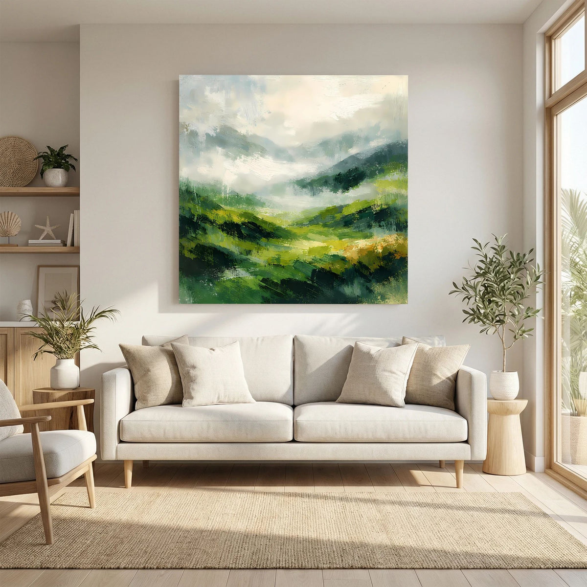 Leinwand Abstraktes Hügellandschaft Gemälde | Modernes Grünes Tal Wandbild Natur
