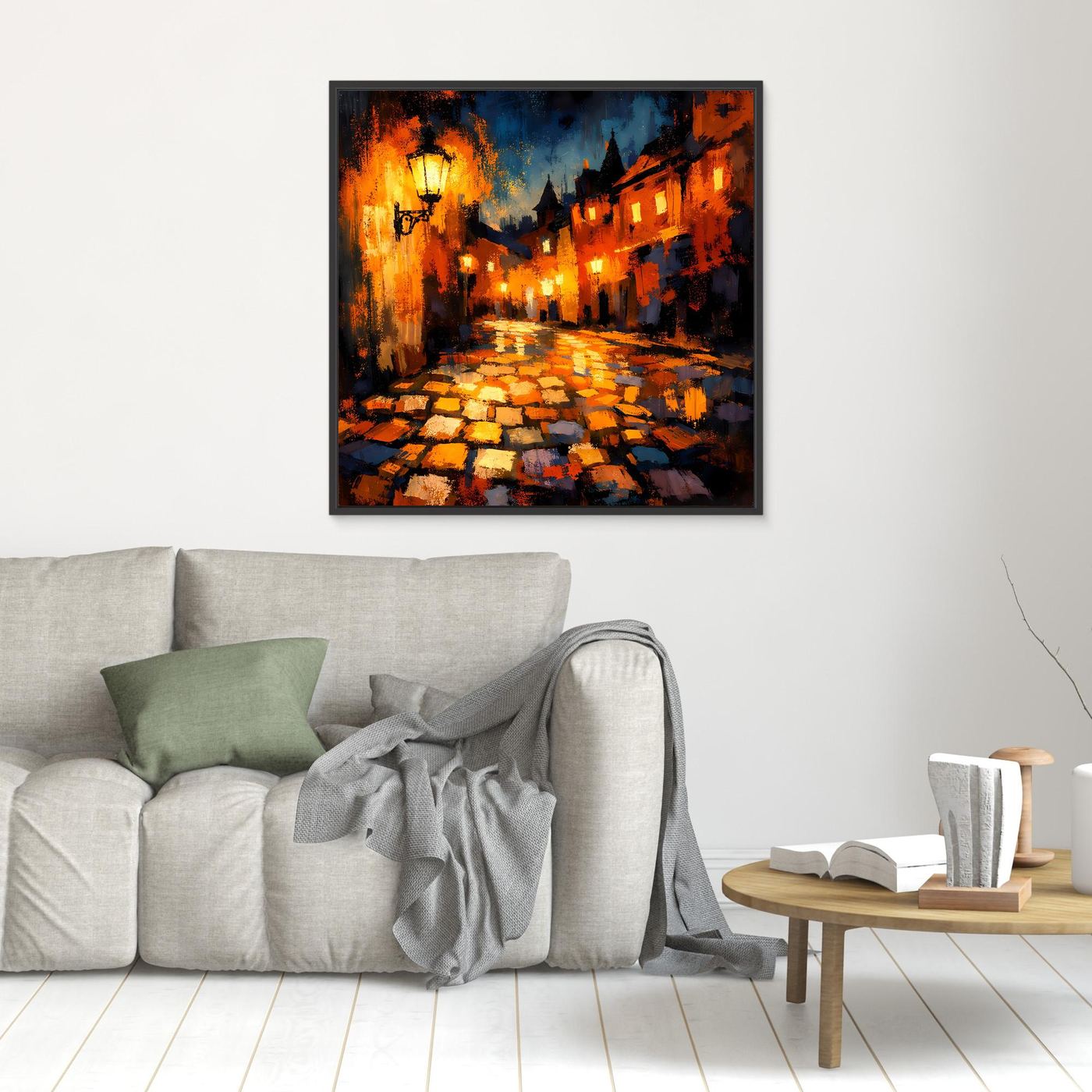 Leinwand Abstraktes Altstadt Gemälde | Modernes Romantisches Gassen Wandbild bei Nacht