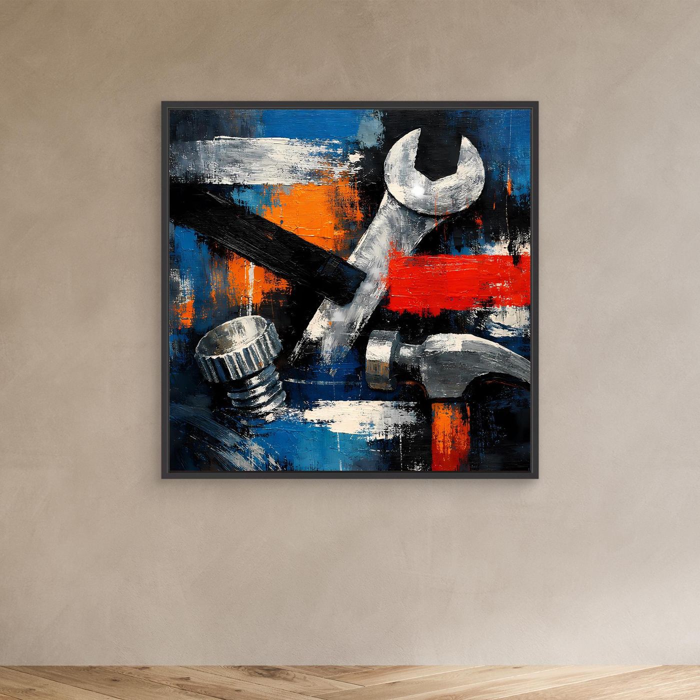 Abstract tools canvas wall art with wrench in black frame and red/blue paint strokes
