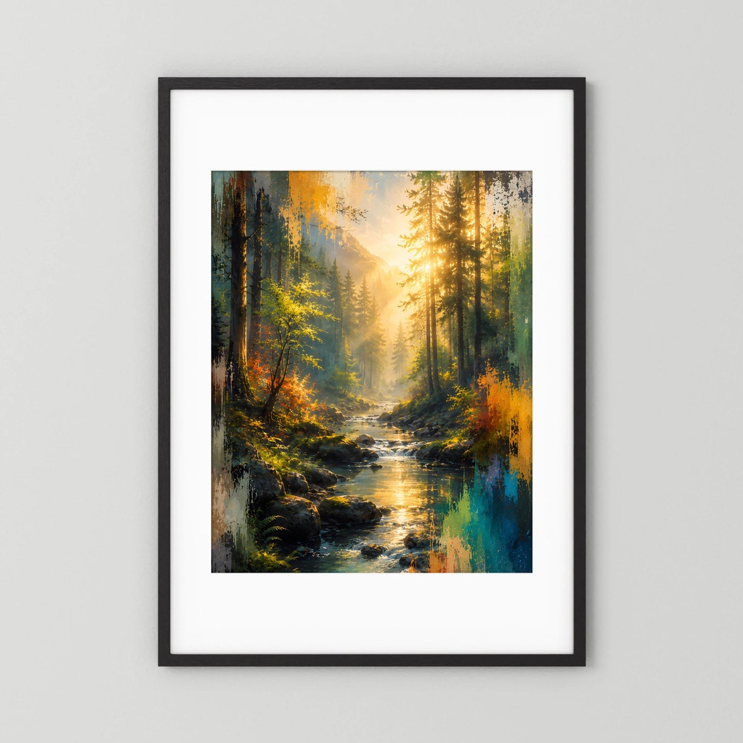 Kunstposter mit schwarzem Rahmen und weißem Passepartout: abstrakter Wald mit Bach