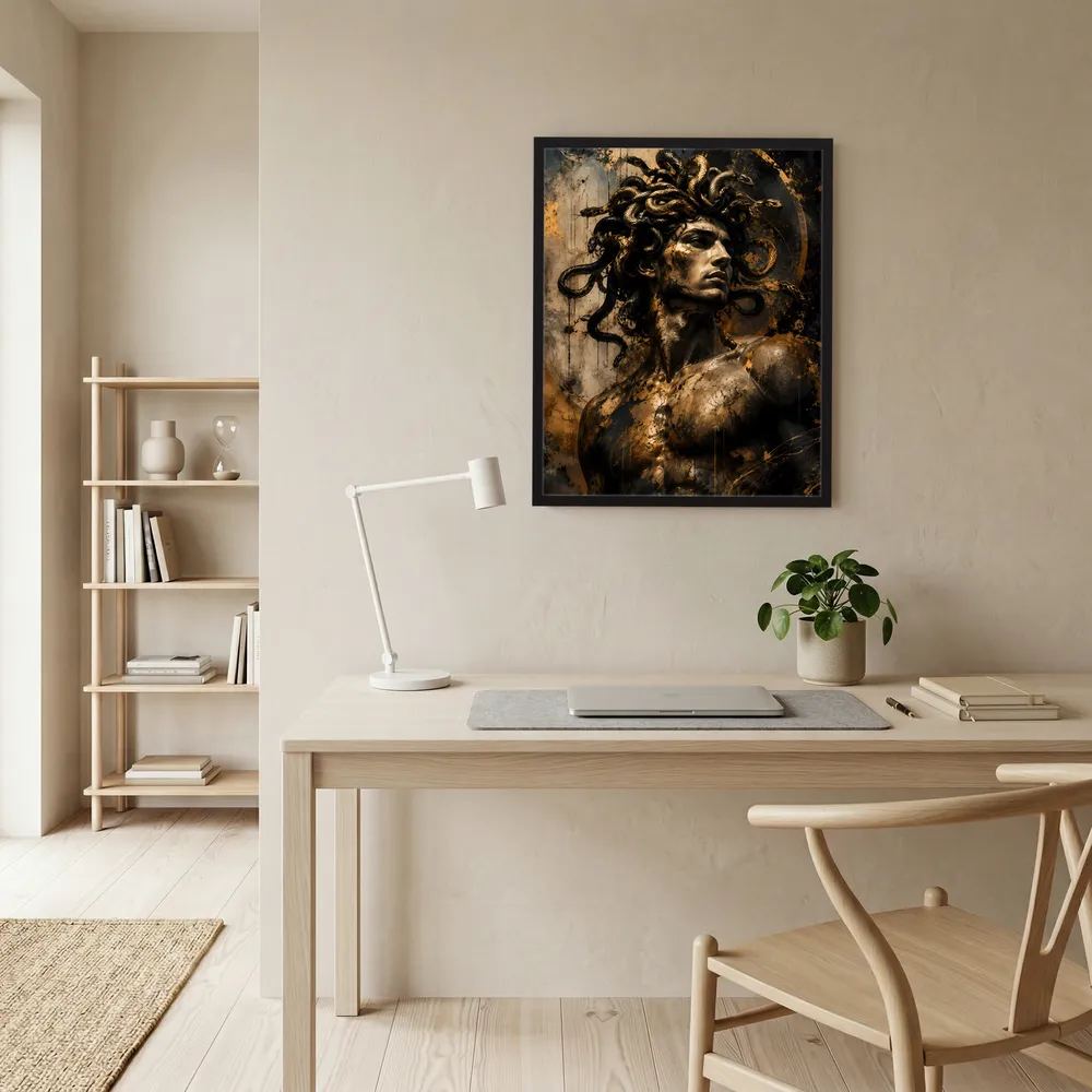 Wandposter im schwarzen Rahmen mit Männerporträt und goldenen Schlangen auf dunklem Grund