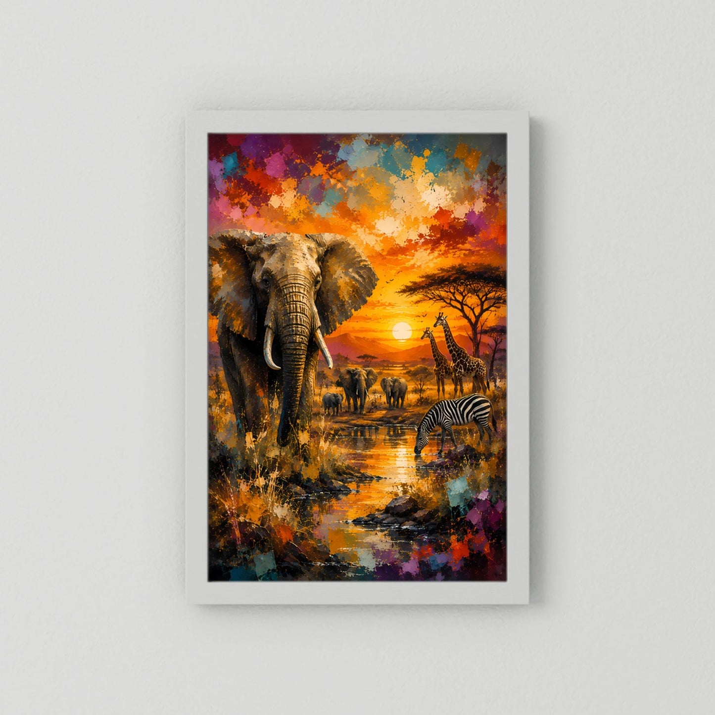 Hochformatiges Safari-Poster ohne Rahmen mit Elefant, Zebra und orangefarbener Sonnenuntergangsszene