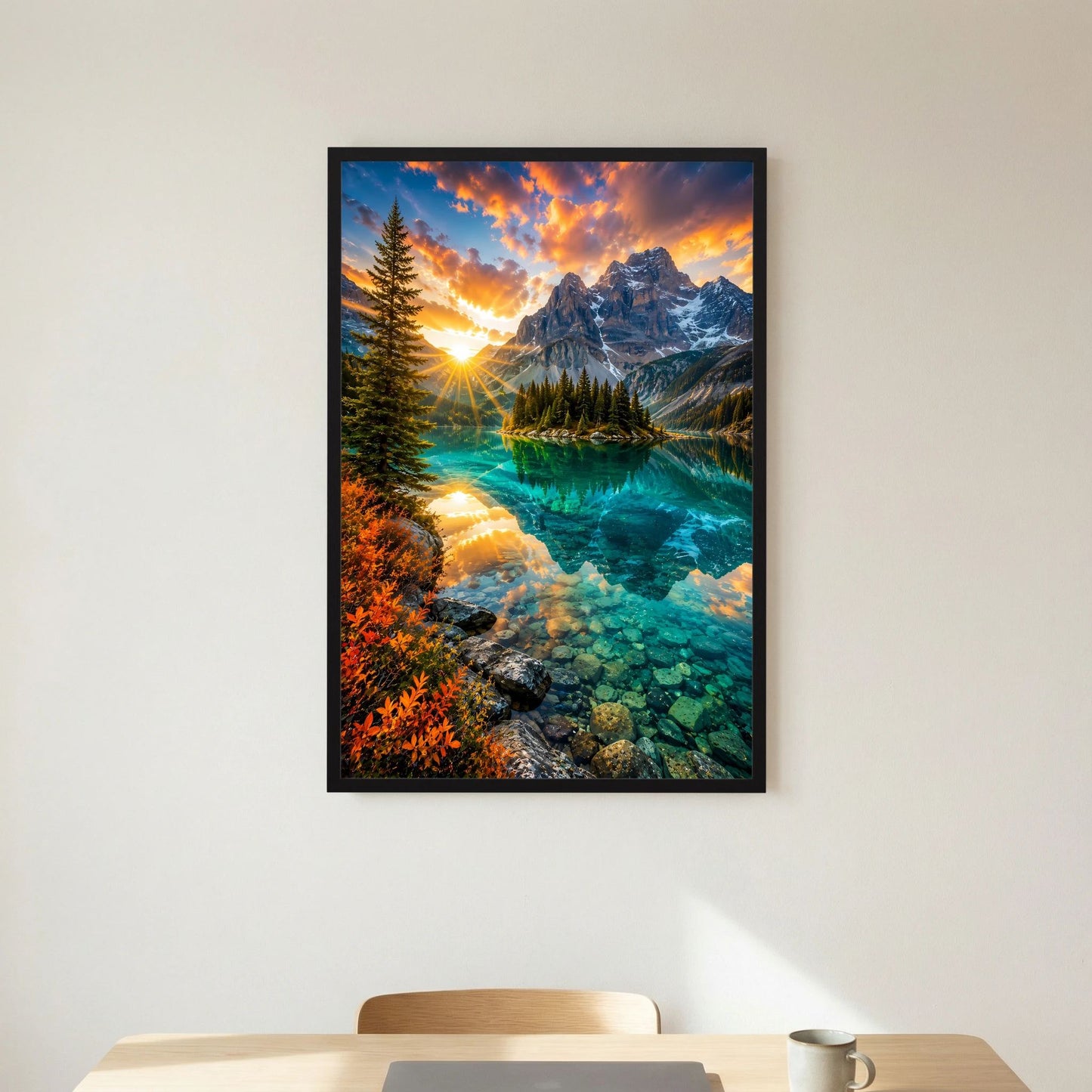 Türkiser Bergsee bei Sonnenuntergang | Majestätische Berglandschaft mit Spiegelung | Poster Hochformat