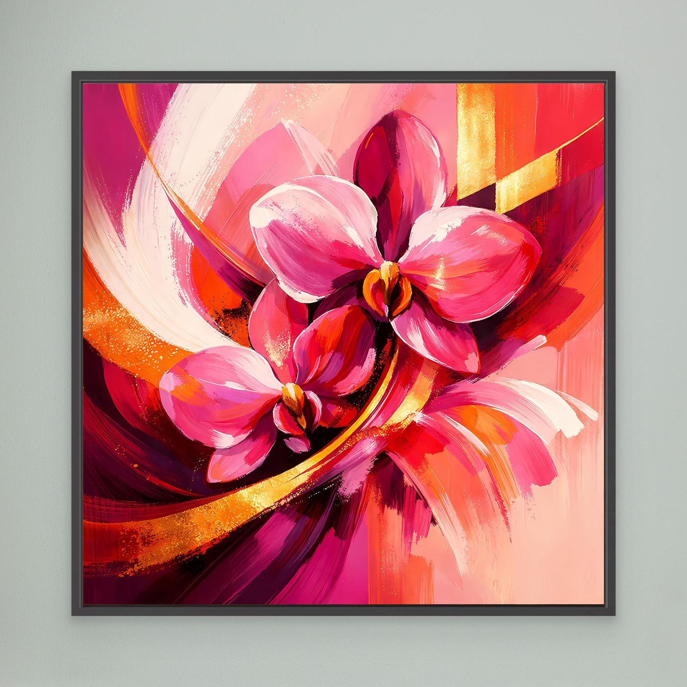 Gerahmtes Leinwandbild mit abstrakten Orchideen in Pink, Rot und Gold (schwarzer Rahmen)