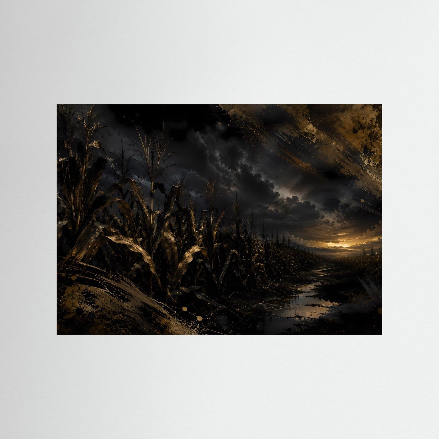 Dunkles Maisfeld bei Sonnenuntergang | Mystische Landschaft in Schwarz & Gold