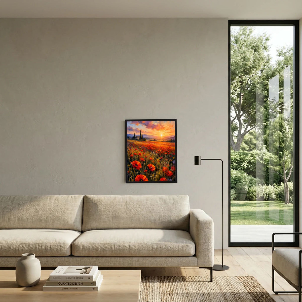 Wandposter im schwarzen Rahmen: Mohnblumenlandschaft mit Abendsonne