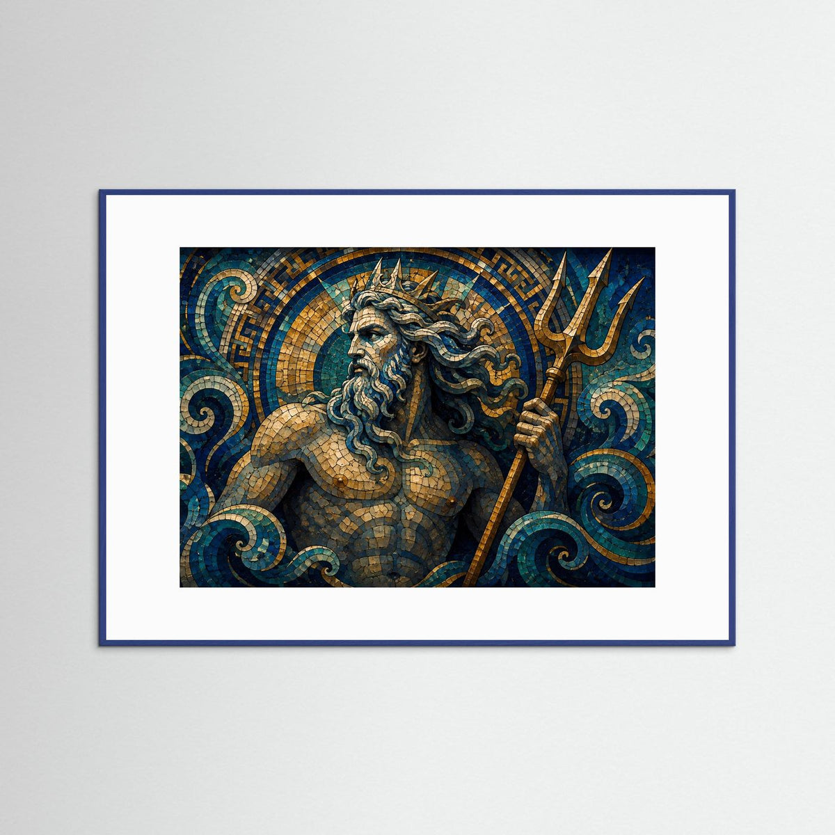 Blau gerahmtes Querformat-Poster mit Poseidon im Mosaikstil und Dreizack, Blau und Gold