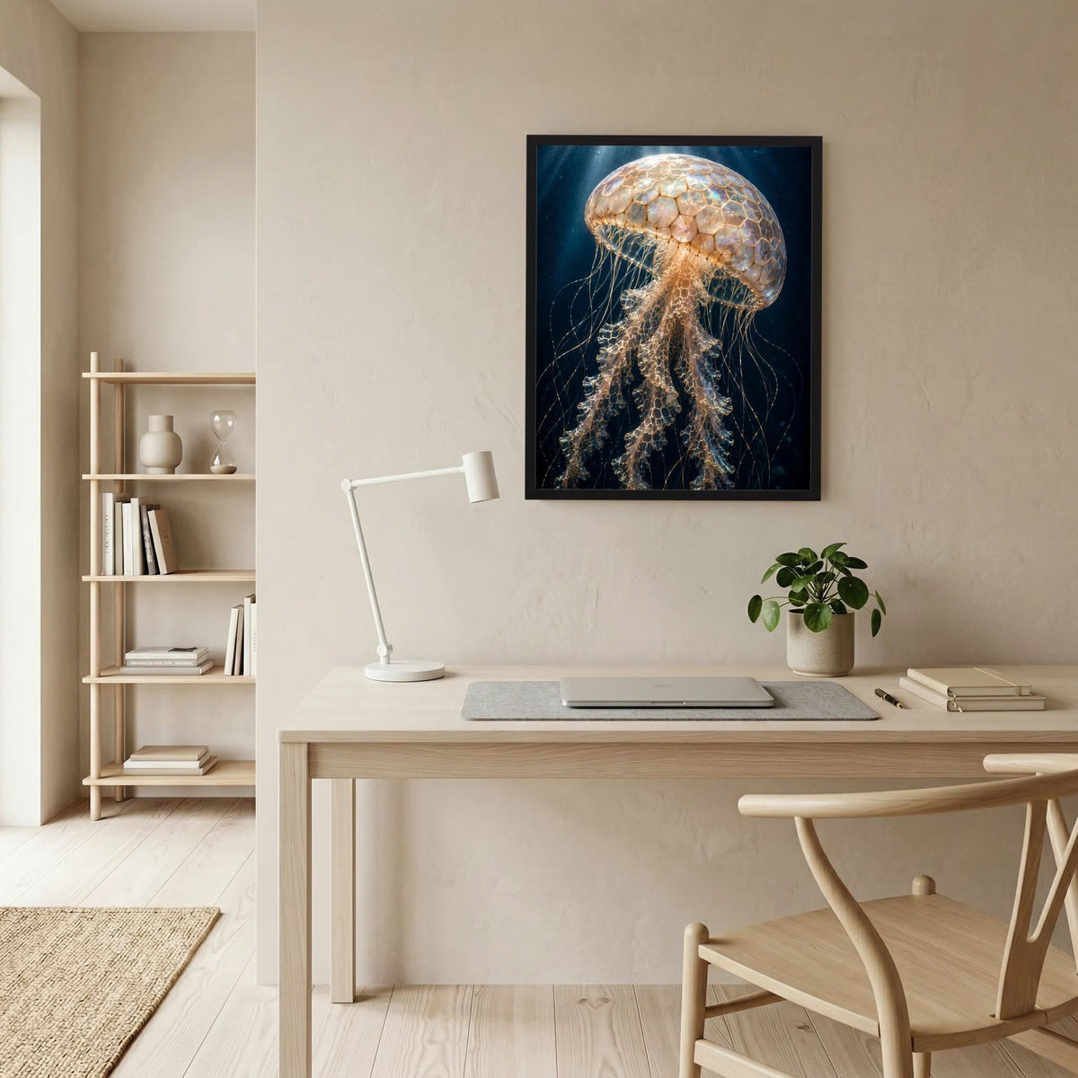 Poster im Hochformat mit Qualle, perlmuttschimmerndes Gold, dekorative Wellenstruktur der Tentakel