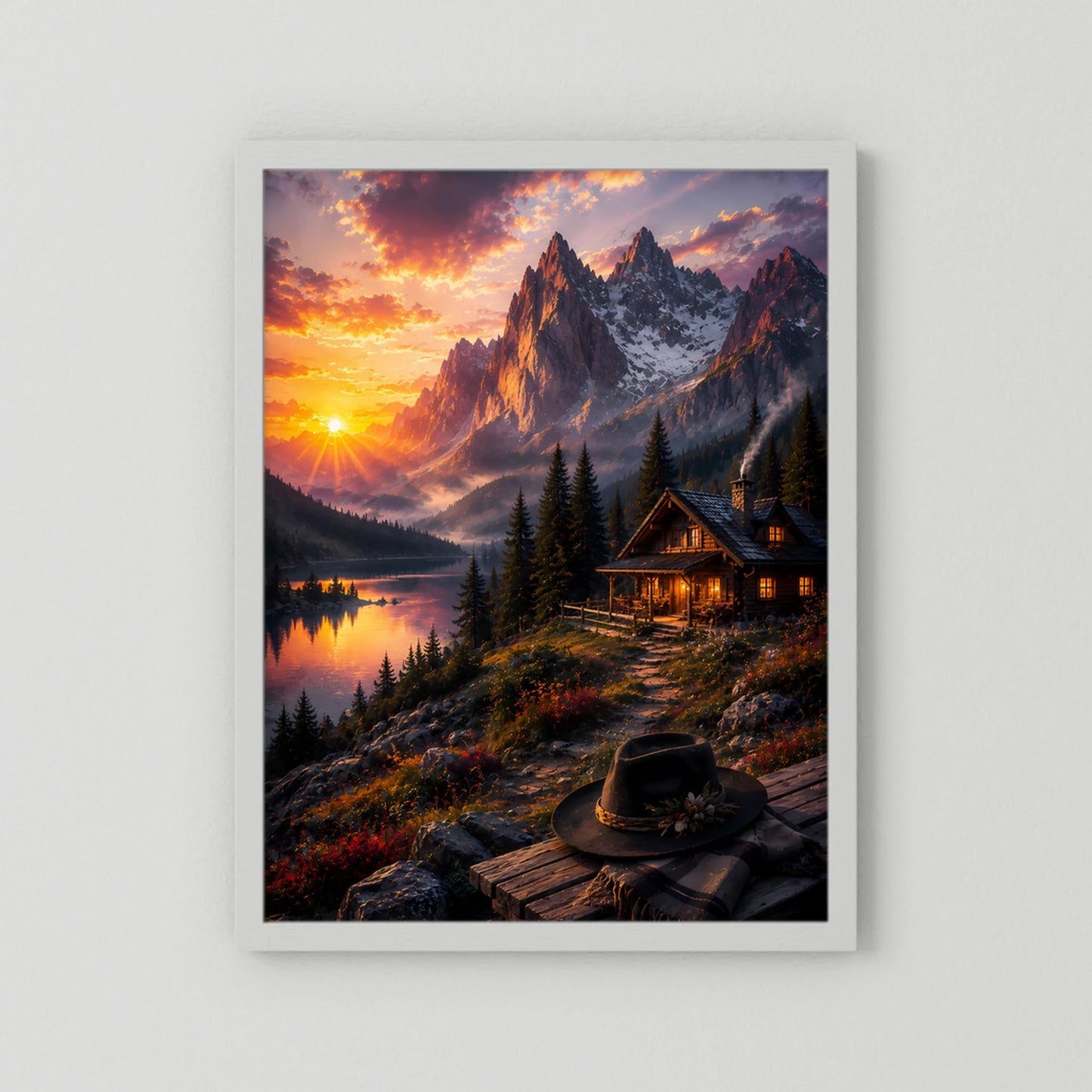 Poster mit Alpenlandschaft bei Sonnenuntergang, Berge, See und Hütte im weißen Passepartout