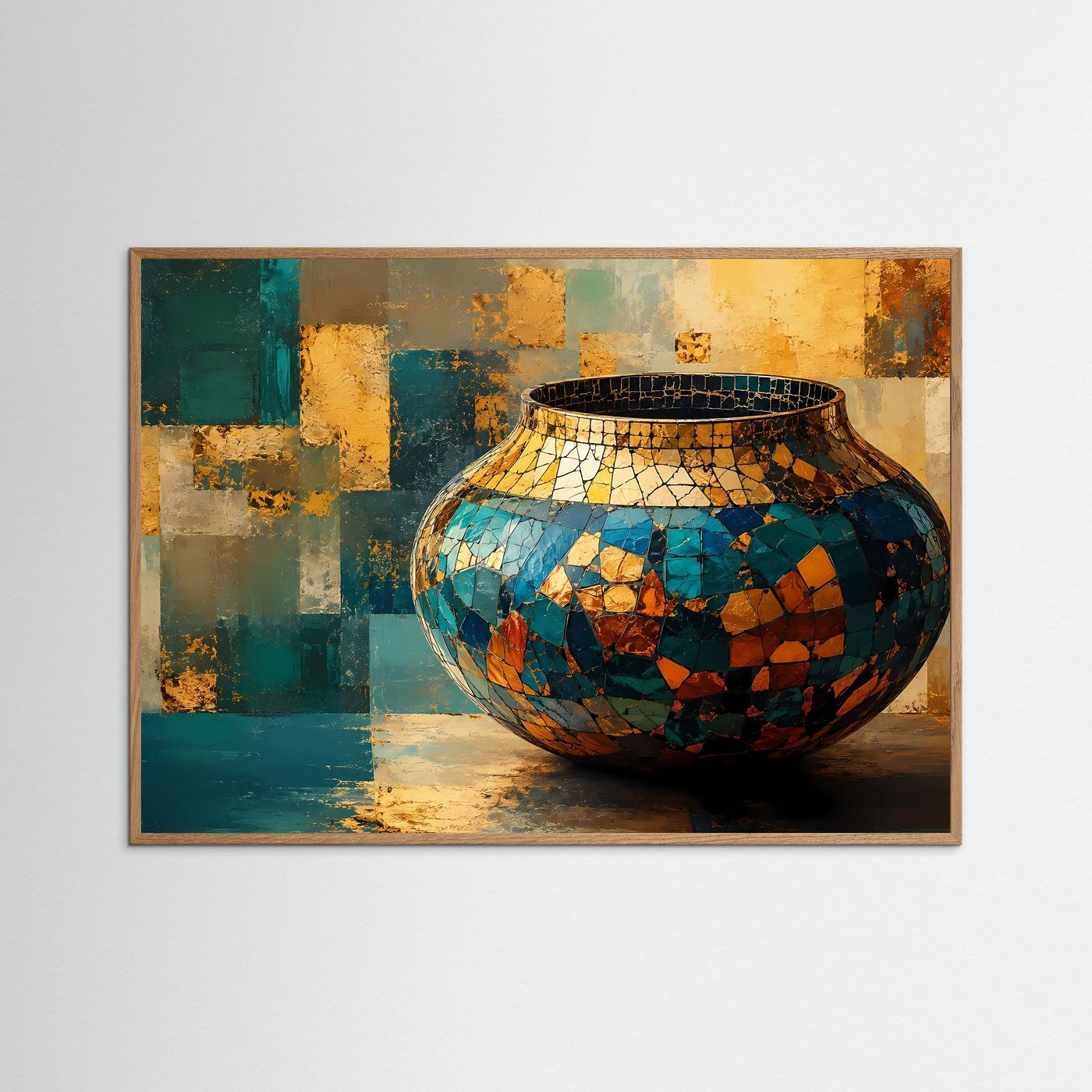 Mosaik Vase Poster | Abstrakte Keramik Kunst | Gold Blau Wandbild | Moderne Stillleben Wall Art