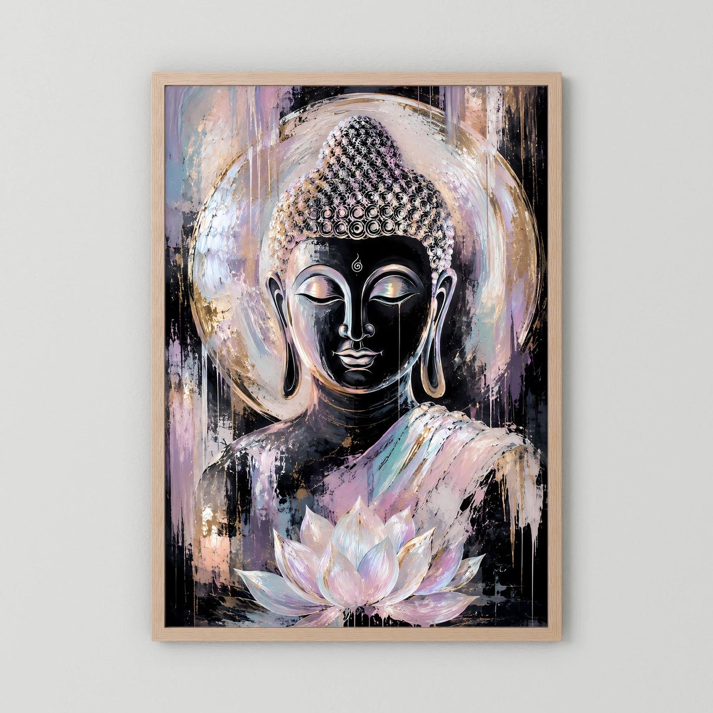 Buddha-Poster im Hochformat mit hellem Holzrahmen und Lotusblüte in Pastellfarben