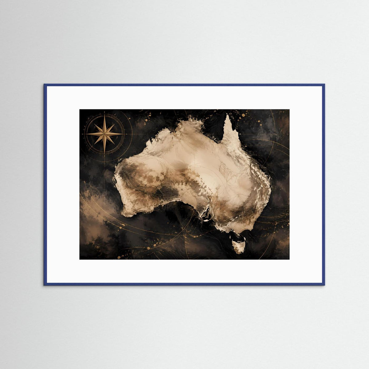 Poster mit Australienkarte: Schwarz, Golddetails und Kompassstern im blauen Rahmen