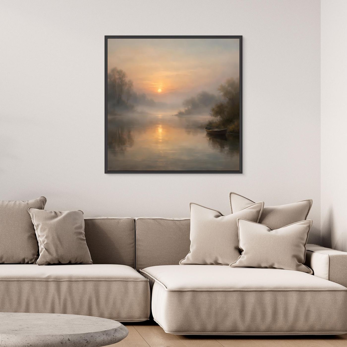 Quadratisches Leinwandbild mit nebligem Fluss und Sonnenaufgang, schwarzer Rahmen