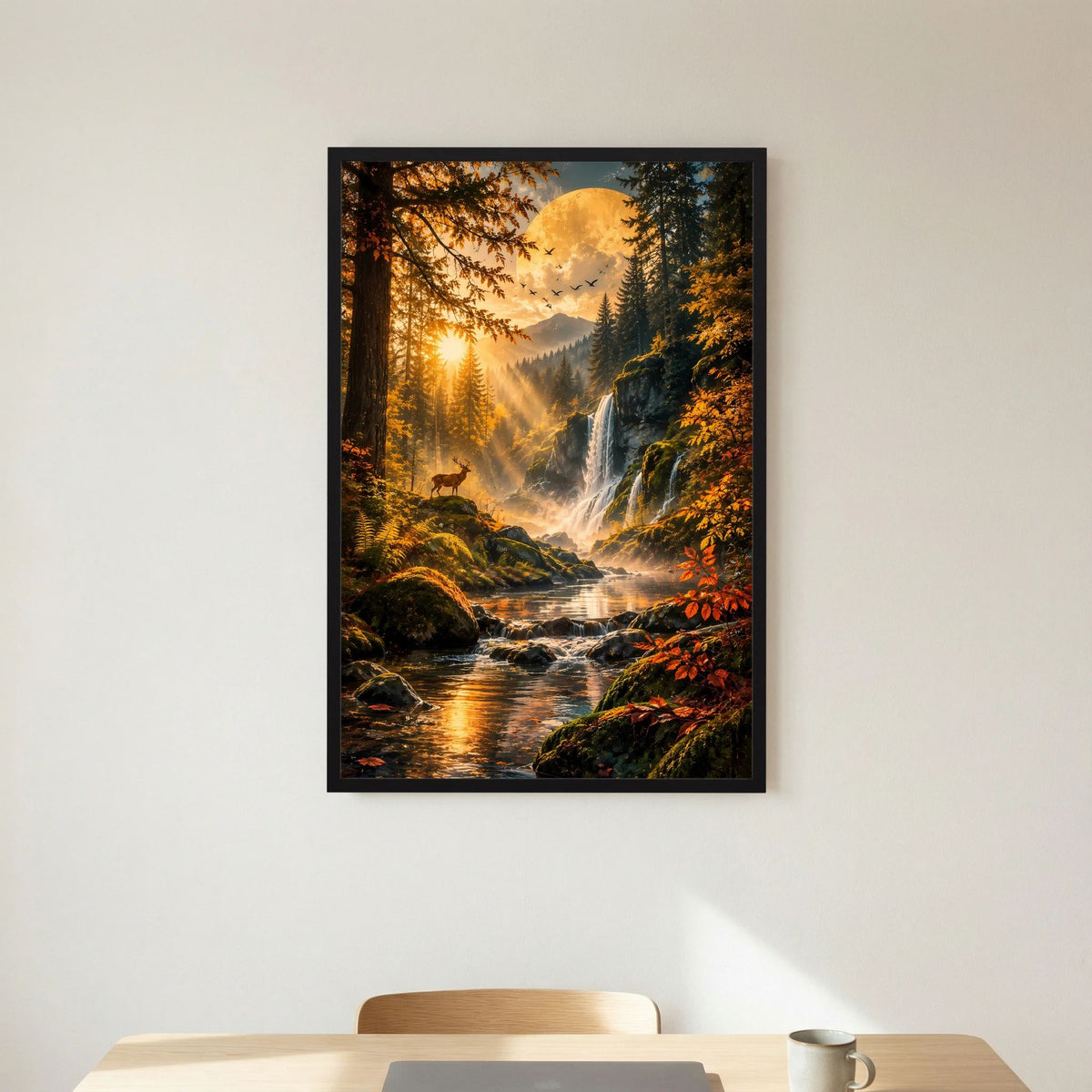Hochformatiges Herbstposter im schwarzen Rahmen mit Wasserfall und leuchtender Sonne