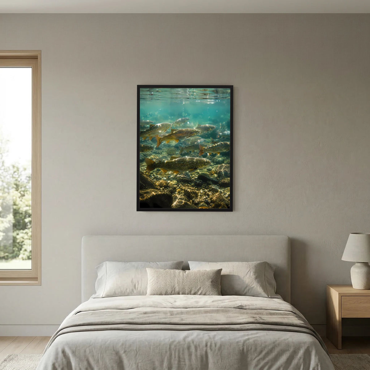 Poster im Hochformat mit Unterwasserwelt: Forellen und Flusssteine in türkis-blau
