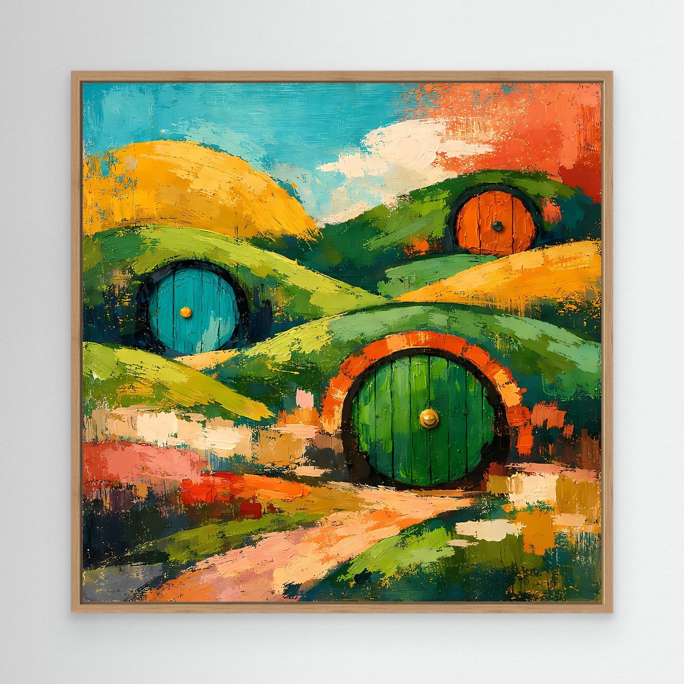 Abstraktes Wandbild auf Leinwand mit Hügeln und drei runden Türen, brauner Holzrahmen