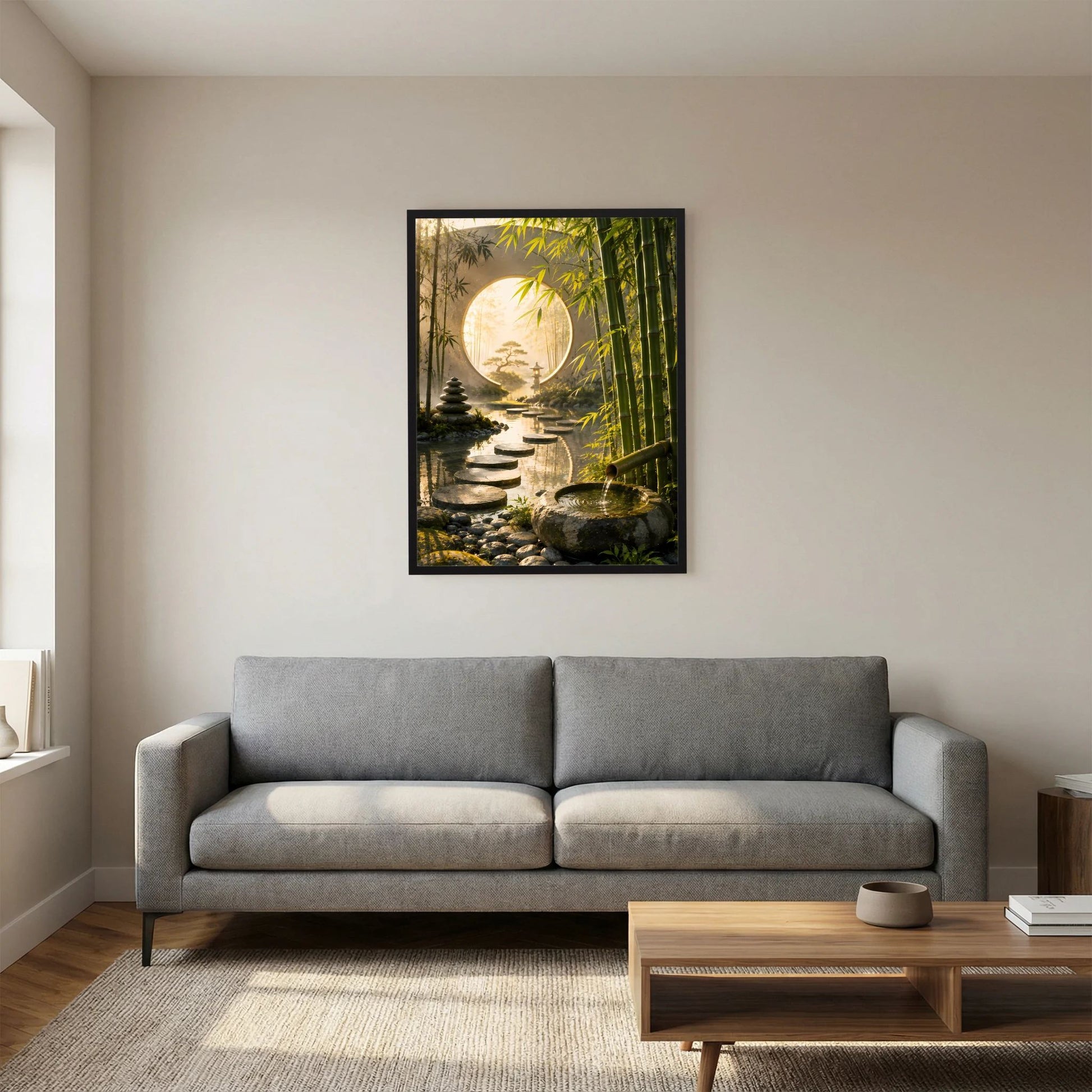 Zen-Garten-Poster: Bambus, rundes Mondtor und Trittsteine am ruhigen Wasser, schwarzer Rahmen