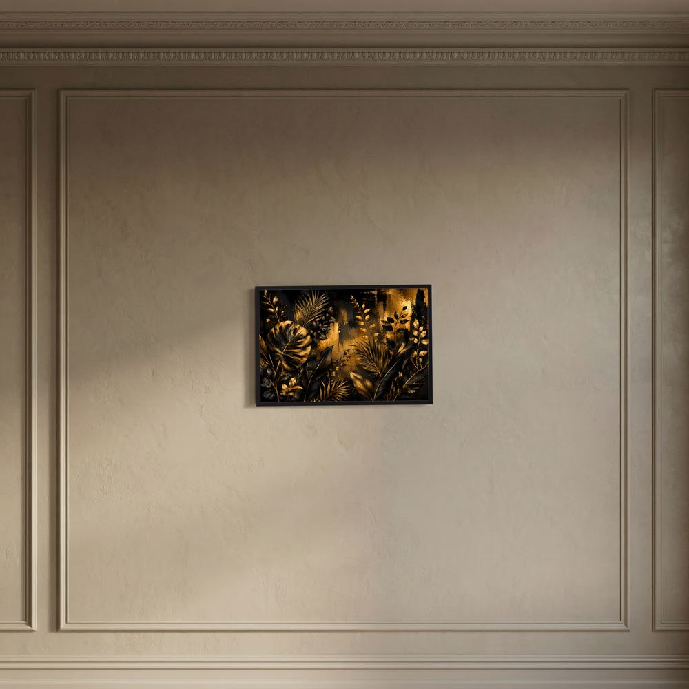 Wandbild-Poster mit goldenen Tropenblättern auf schwarzem Hintergrund, schwarzer Rahmen