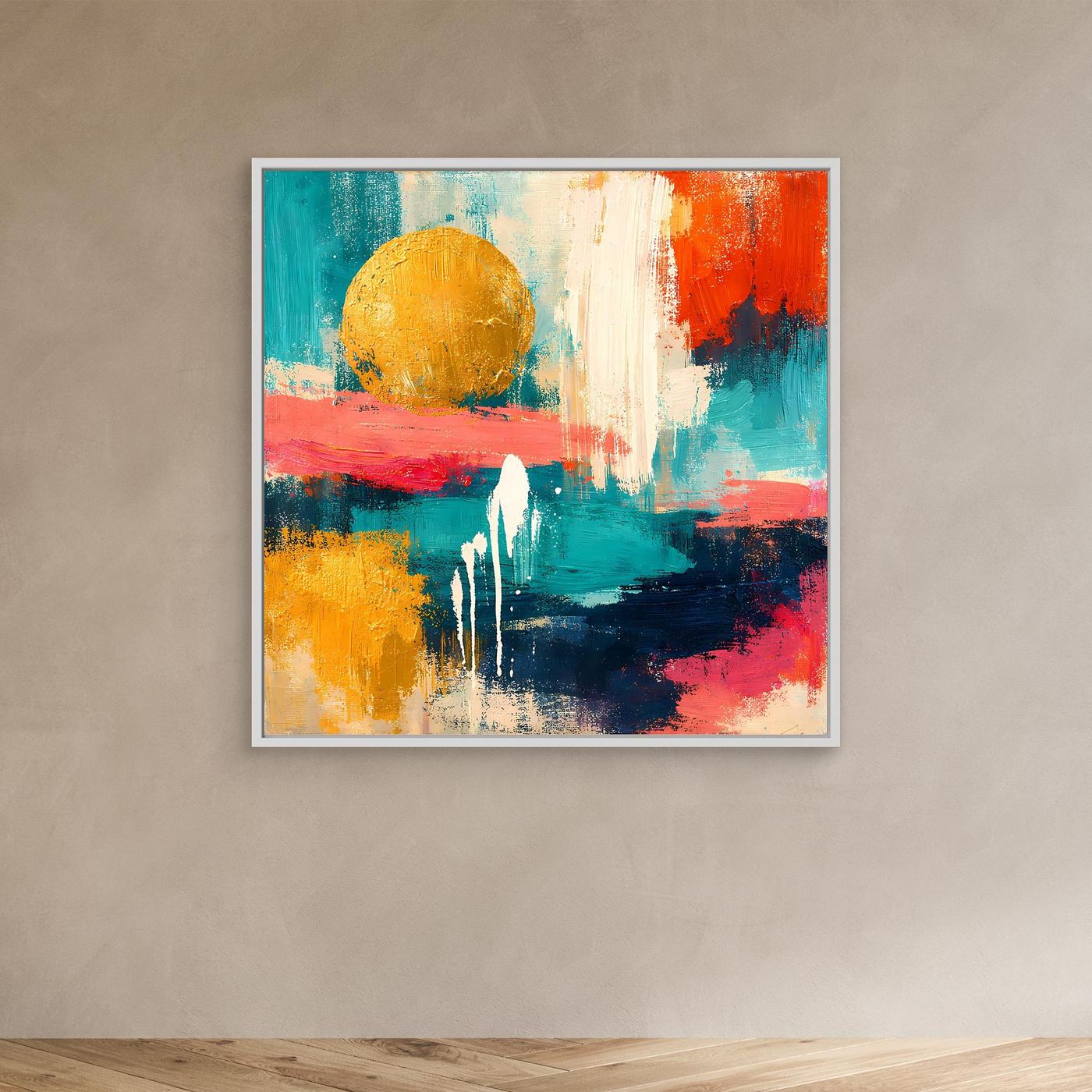 Abstraktes Leinwandbild mit goldener Sonne und Farbflächen, weißlich gerahmt
