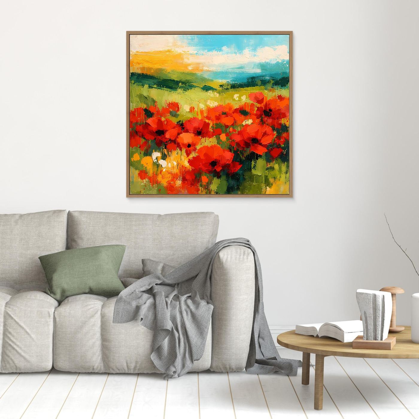 Abstract landscape wall art with red poppies and green fields; small light wood frame