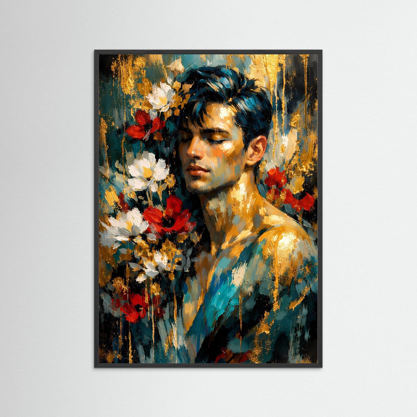 Abstraktes Männerporträt-Poster mit Blumen, blaugrünem Hintergrund, im schwarzen Rahmen
