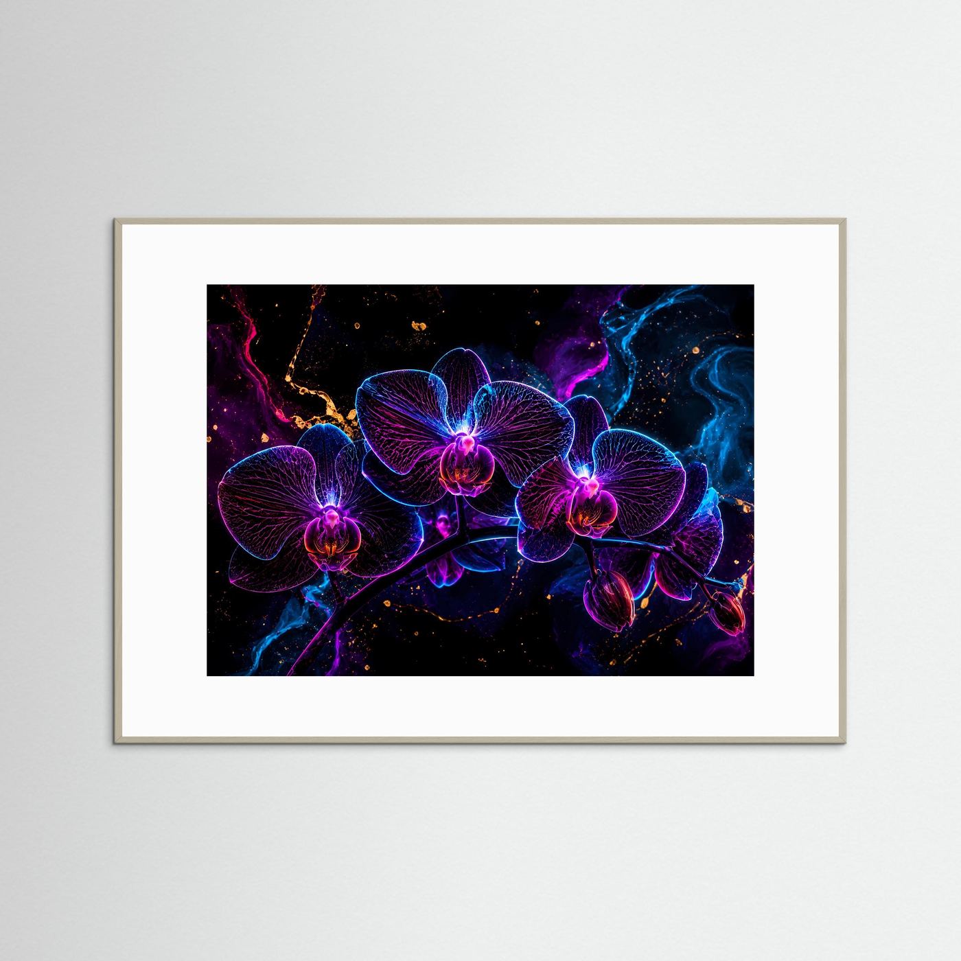 Neon Orchideen Poster | Leuchtende Blumen Wandkunst | Futurale Floral Art in Blau & Magenta | Abstrakte Luxus Wall Art | Modernes Leinwandbild