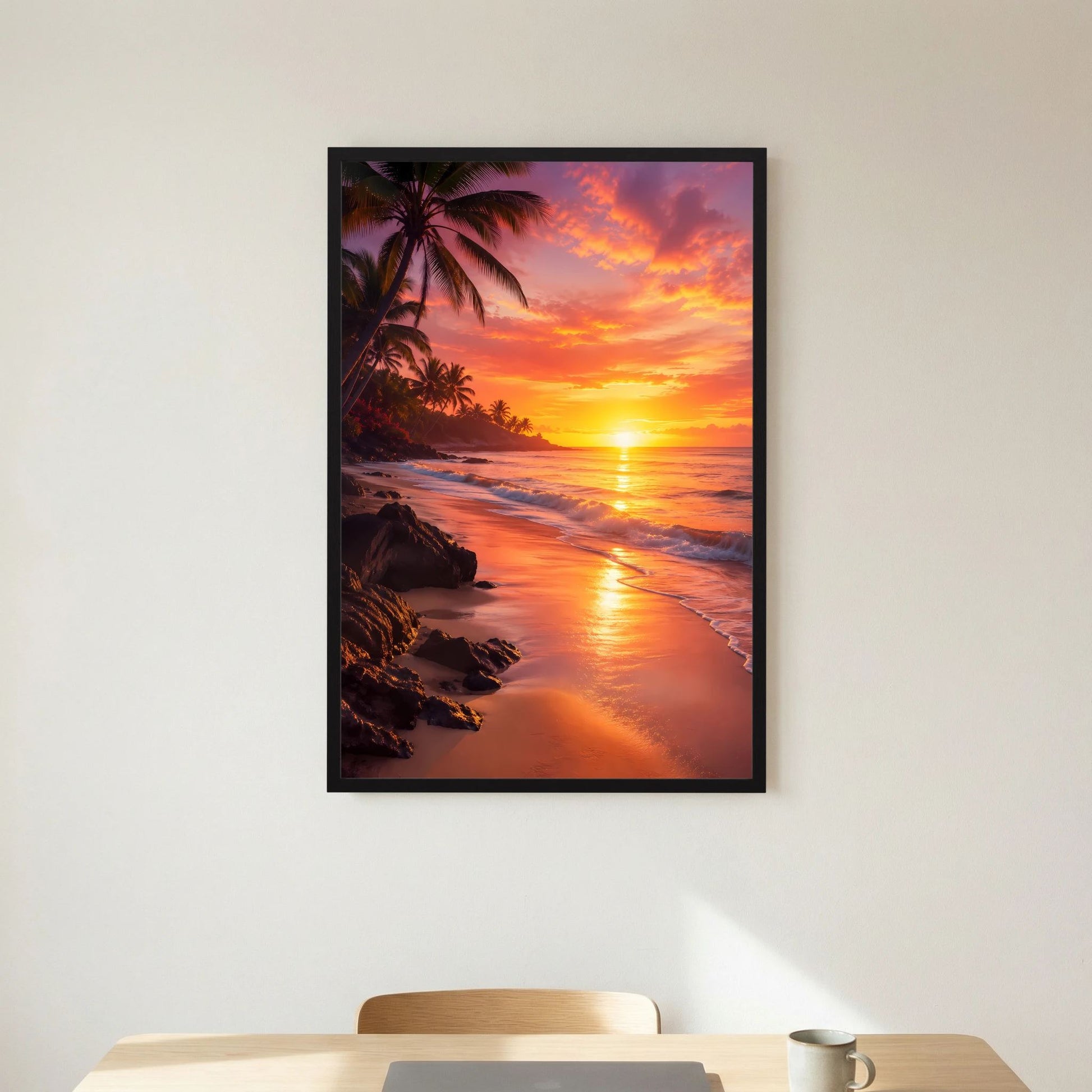 Poster im Hochformat mit tropischem Strandmotiv bei Sonnenuntergang und Palmen, schwarzer Rahmen