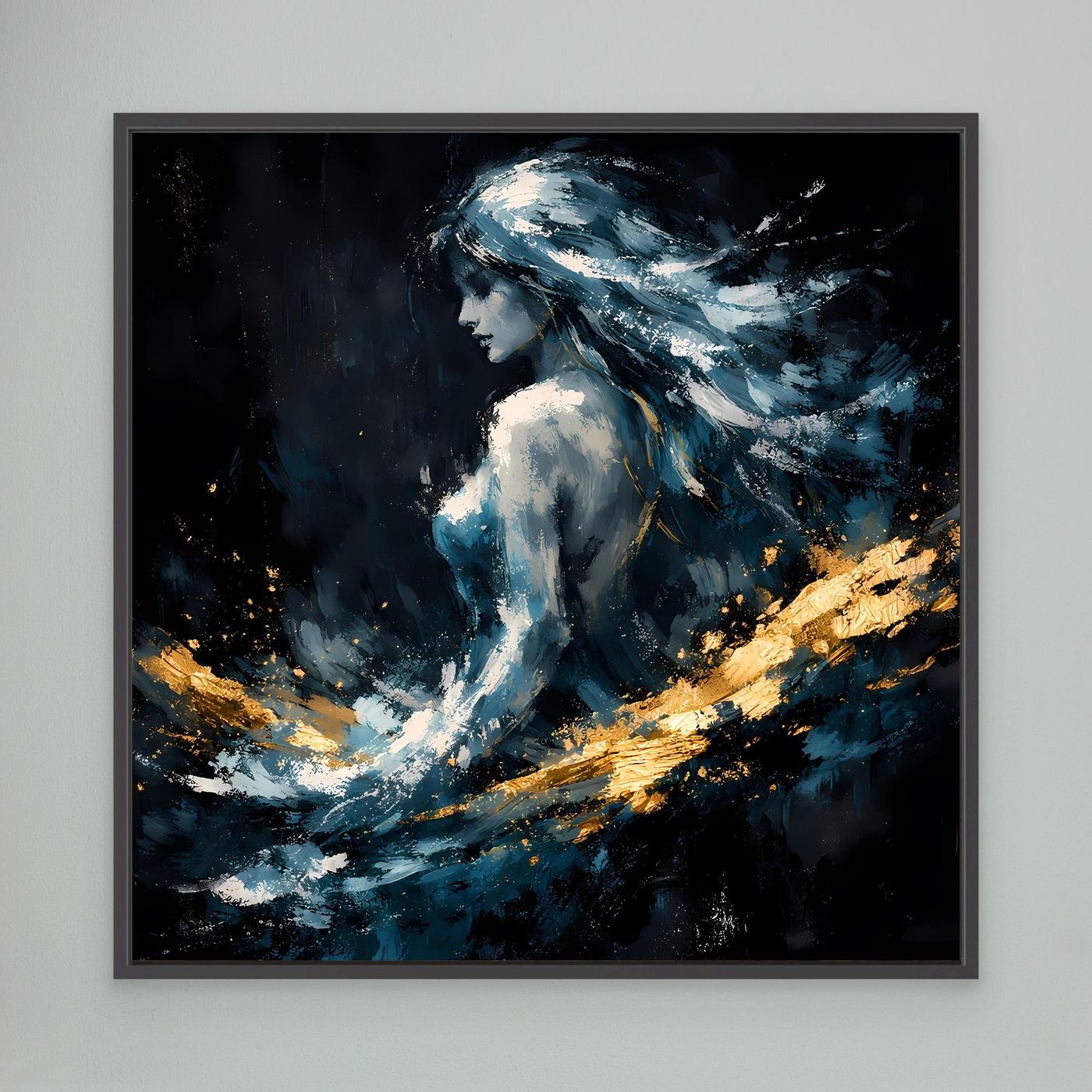 Leinwand Mystische Frauen-Figur in Blau und Gold | Modernes Abstraktes Fantasie Wandbild