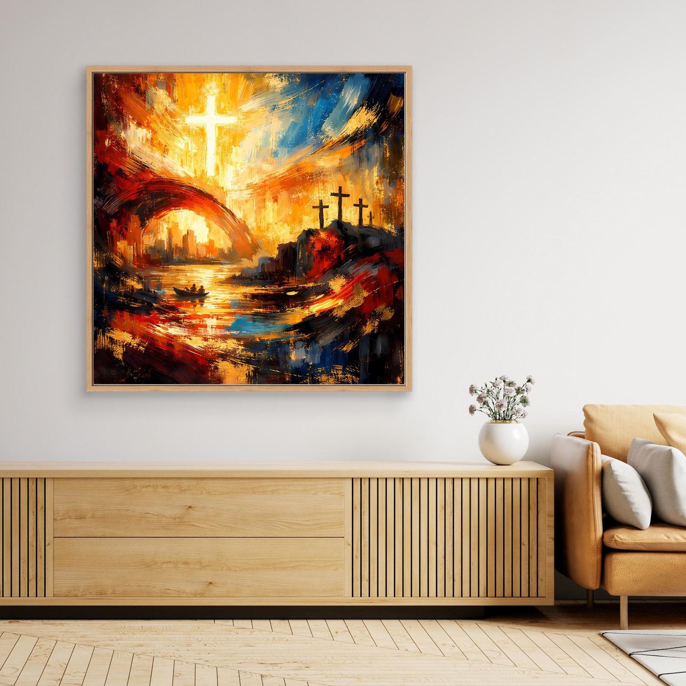 Leinwandbild mit Holzrahmen, abstrakte Lichtszene mit Kreuzsymbolen über Flusslandschaft