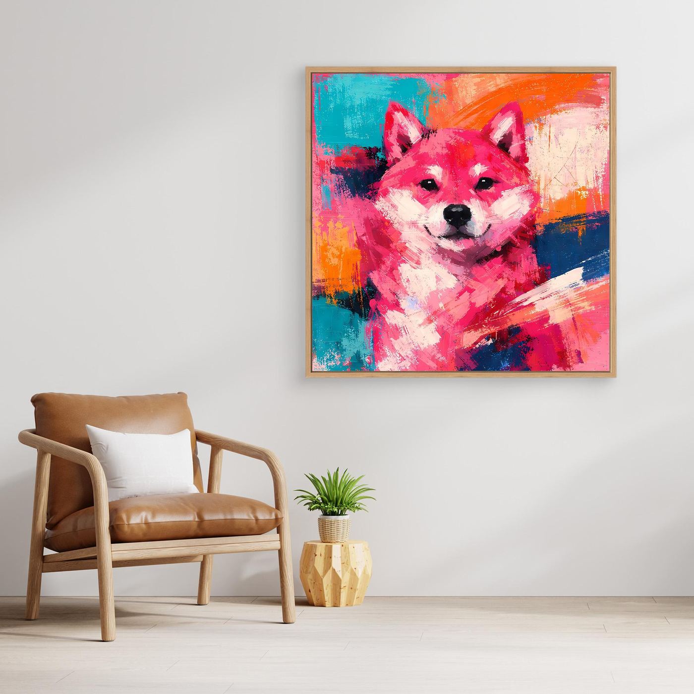 Pop-Art-Wandbild mit Shiba Inu, farbenfrohe Pinselstriche, brauner Rahmen