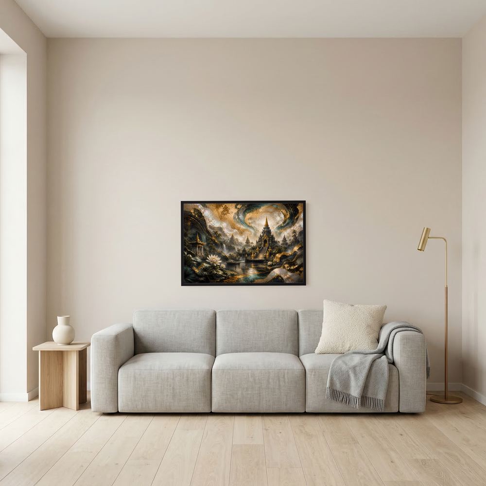 Kleines Wandbild mit Fantasietempel über Wasser, dunklem Himmel und goldenen Lichtakzenten