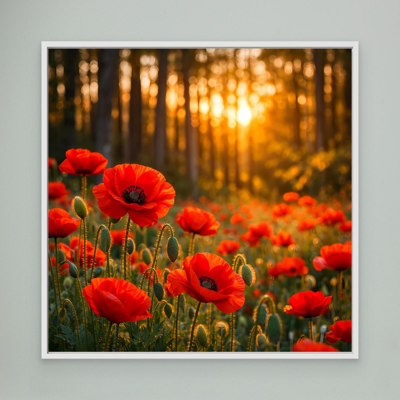 Leinwandbild mit roten Mohnblumen im goldenen Wald, weiß gerahmt