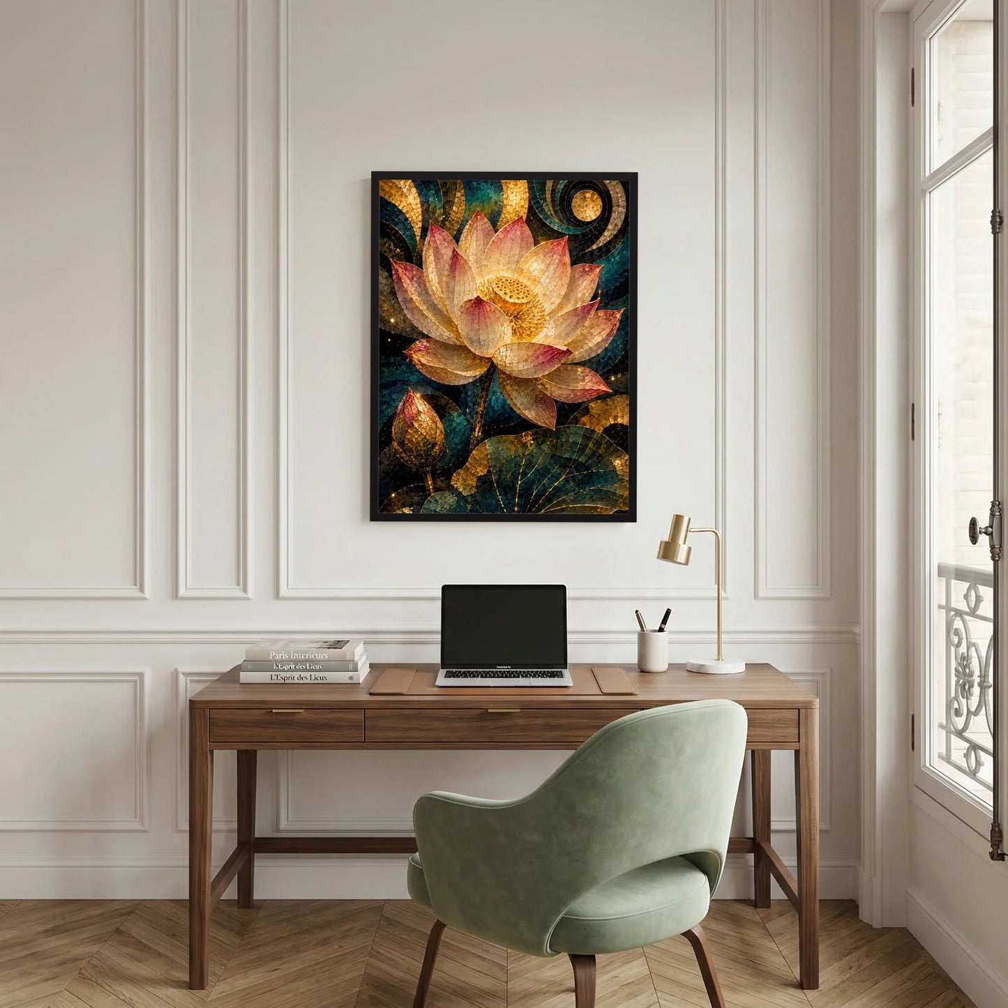 Poster mit Lotusblüte im Mosaikstil, goldene Highlights, schwarzer Rahmen