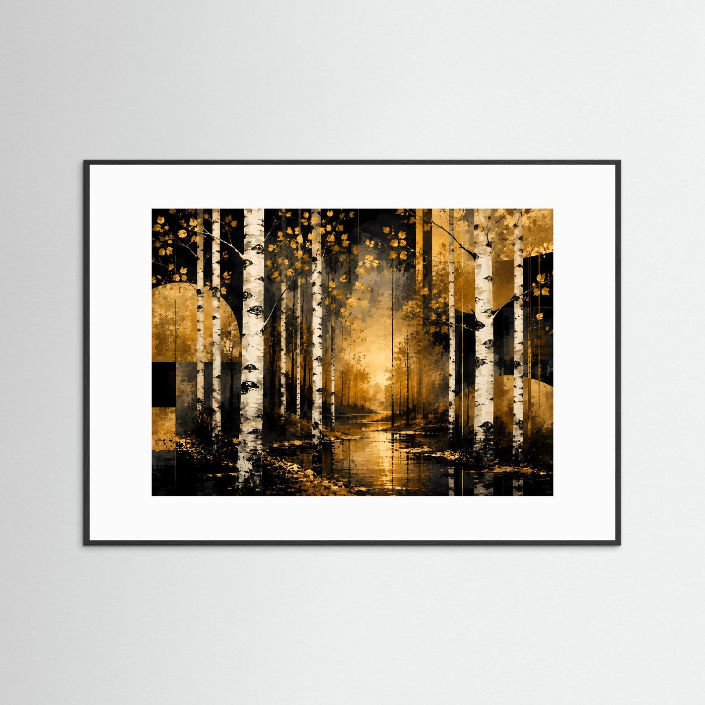 Goldener Birkenwald im Abendlicht | Abstrakte Waldlandschaft mit weißen Birken in Schwarz, Gold & Creme | Elegantes Natur Wandbild im Querformat mit moderner geometrischer Kunst