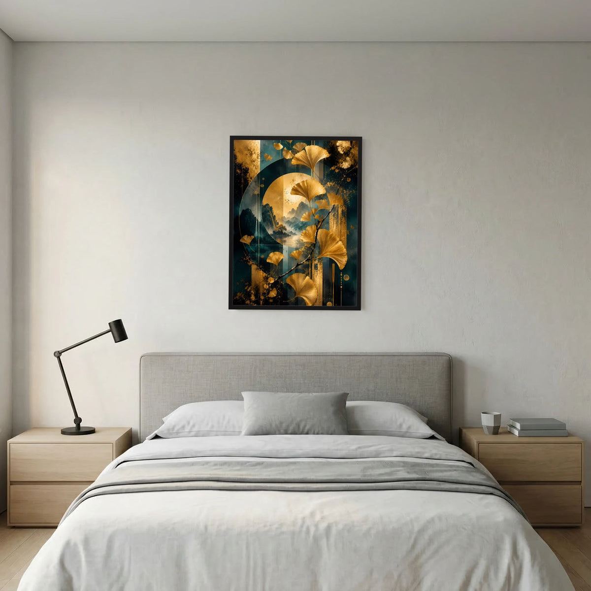 Hochformat-Poster mit goldenen Ginkgo-Blättern und petrolblauen Details, im schwarzen Rahmen