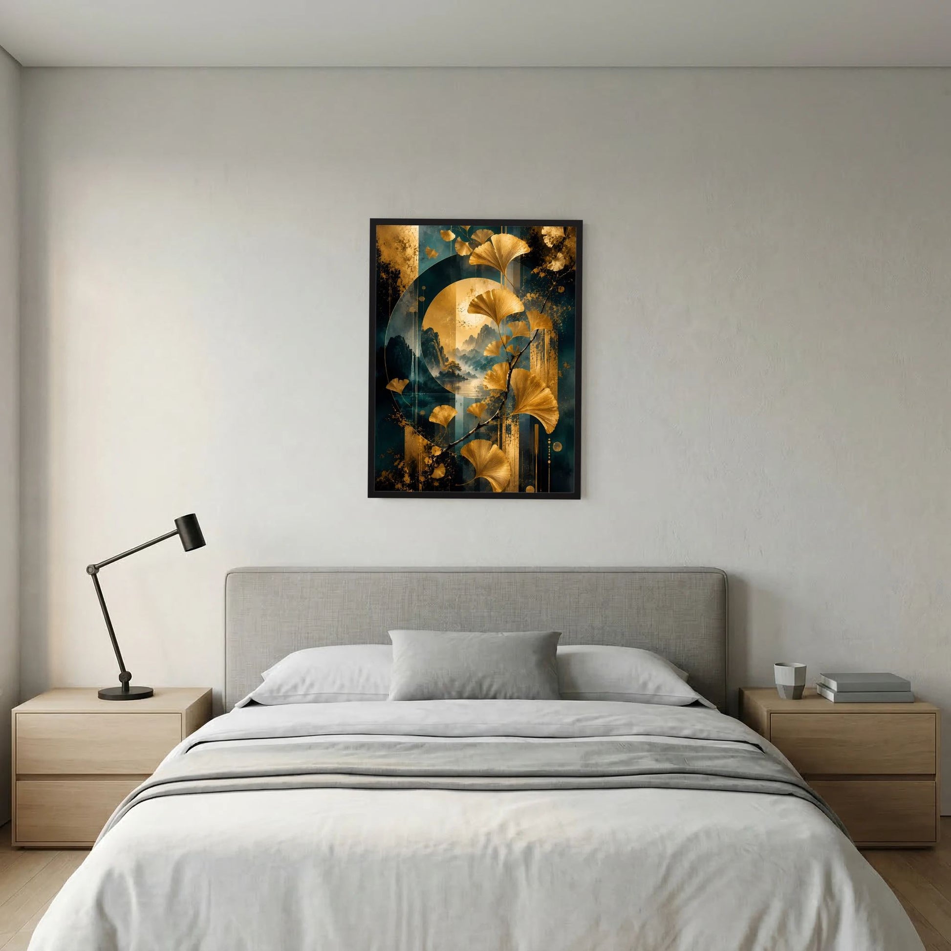 Hochformat-Poster mit goldenen Ginkgo-Blättern und petrolblauen Details, im schwarzen Rahmen