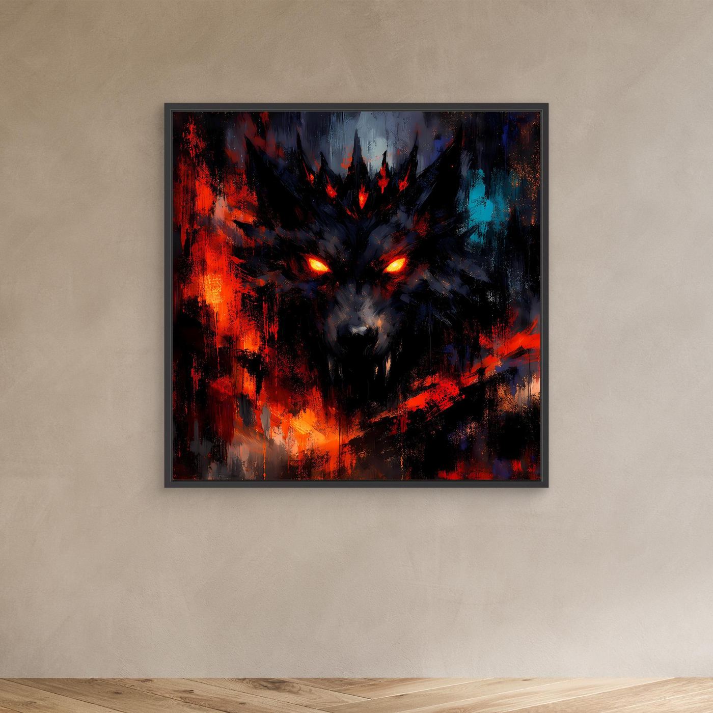 Abstraktes Leinwand-Wandbild mit Schattenwolf im schwarzen Rahmen, leuchtende Augen Rot und Blau