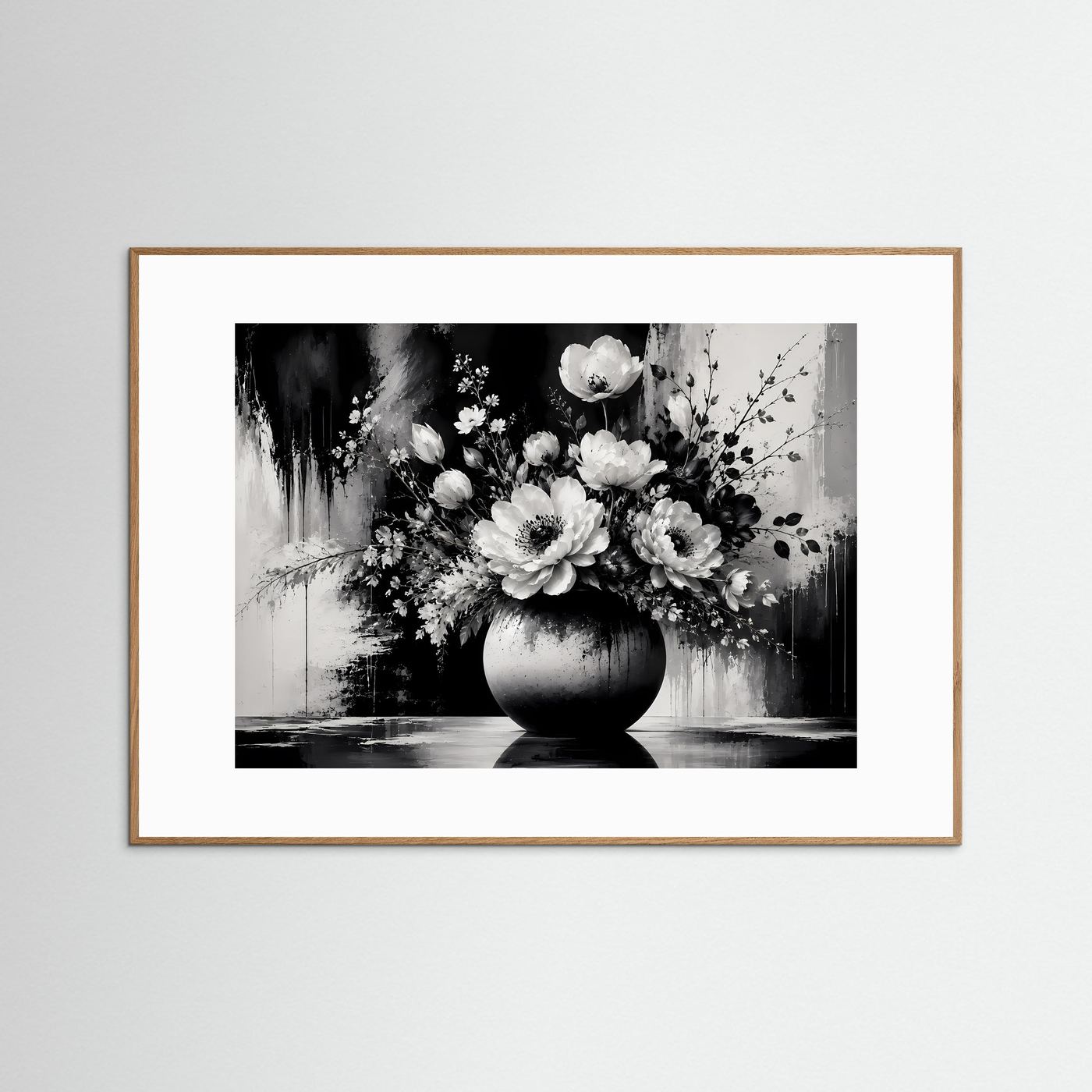 Schwarz Weiß Blumen Poster | Eleganter Blumenstrauß in Vase | Moderne Florale Wandkunst | Monochromes Wandbild