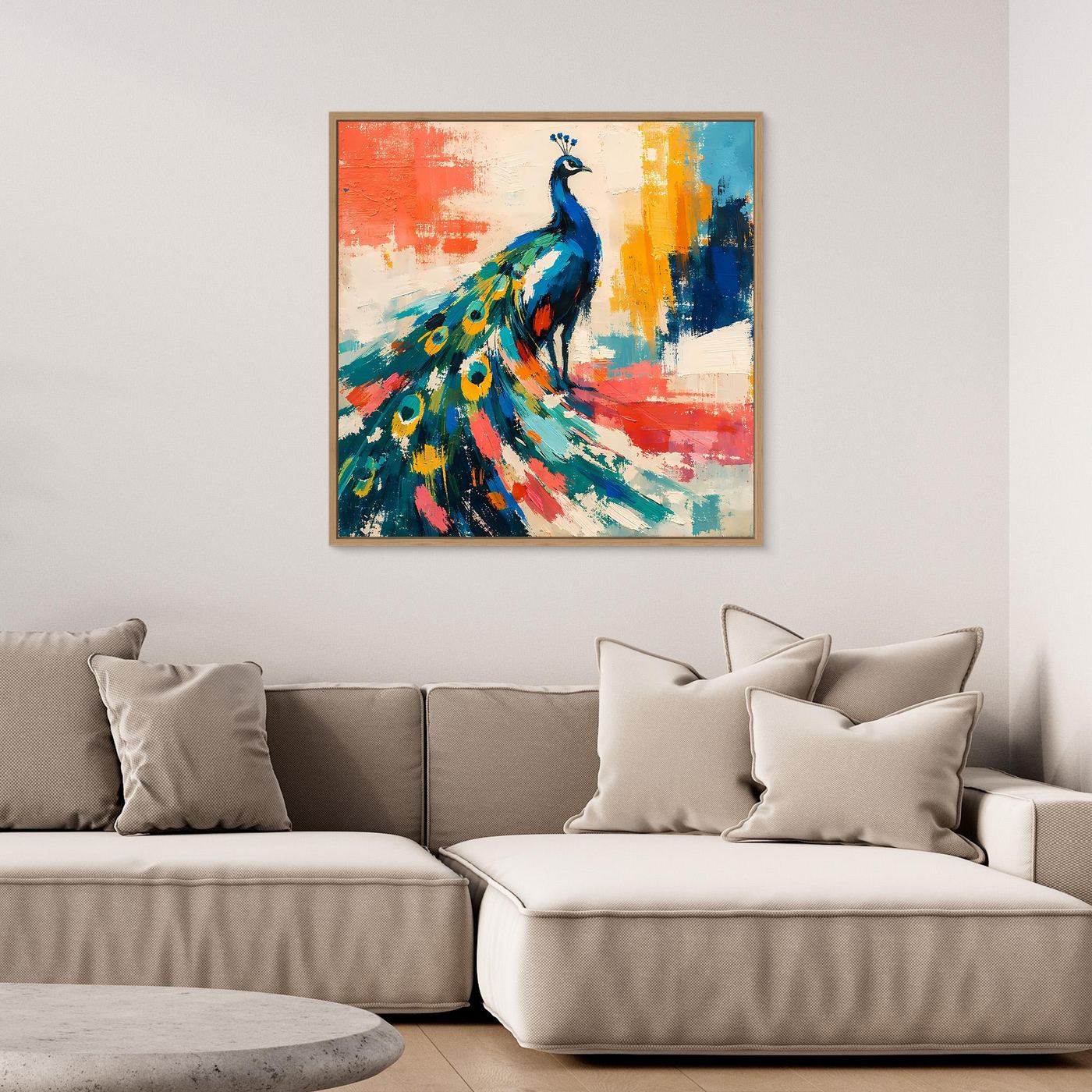 Framed abstract peacock wall art canvas, blue bird with colorful paint strokes