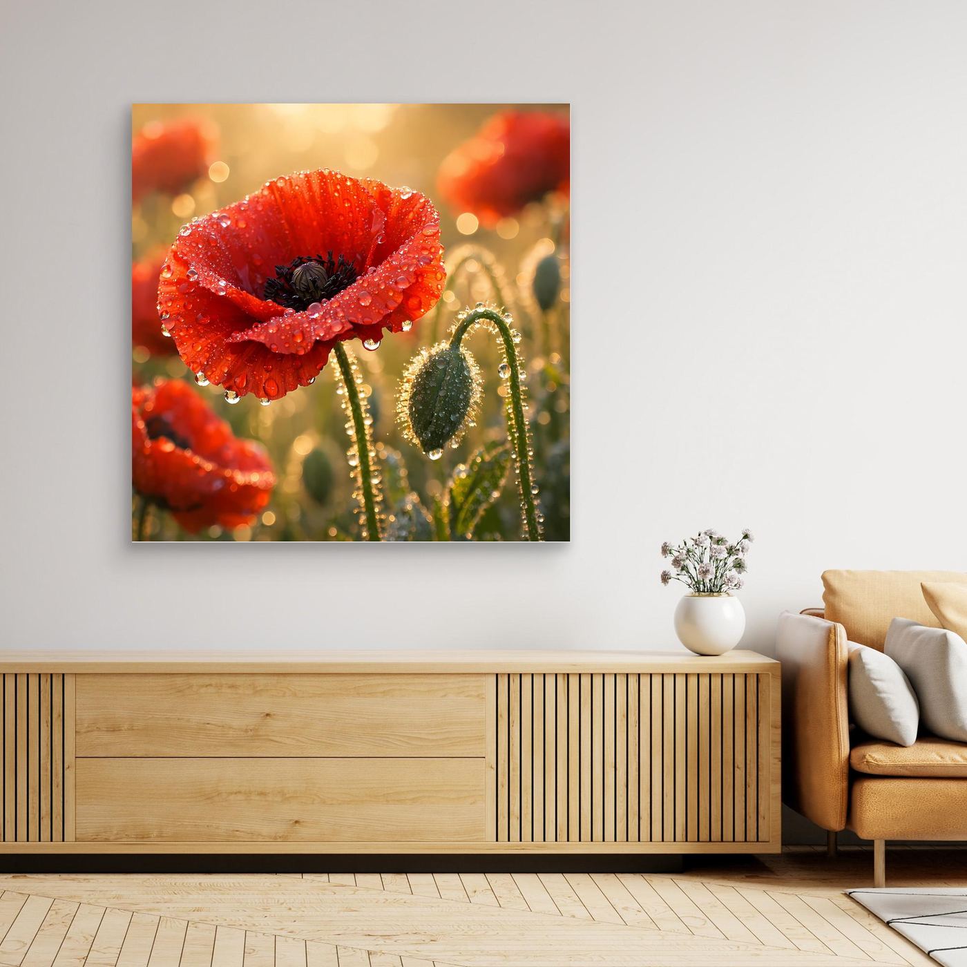 Quadratisches Leinwandbild mit rotem Klatschmohn in Nahansicht, Tautropfen sichtbar