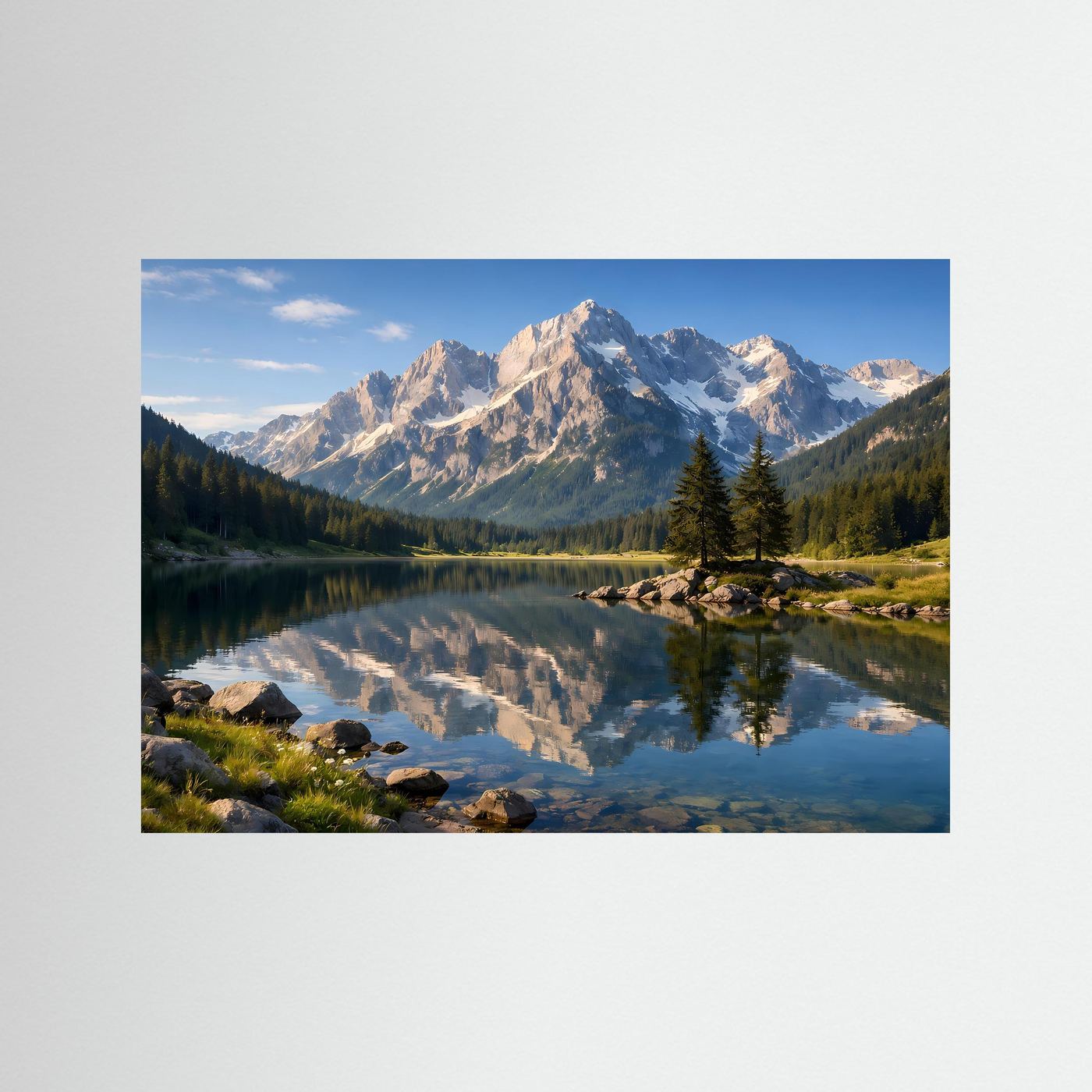 Naturposter im Querformat mit blauer Einfassung: Berge, See und Felseninsel mit Spiegelung