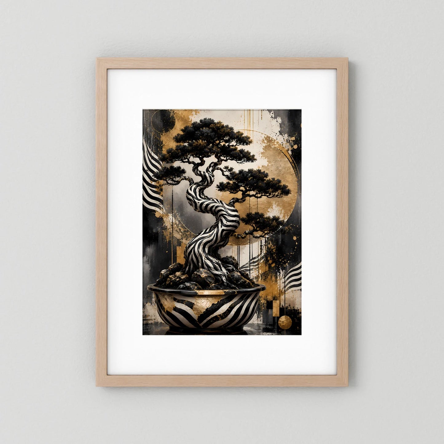 Zebra Bonsai | Abstrakter Baum in Schwarz Weiß Gold | Poster Hochformat